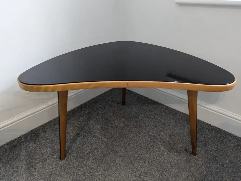 Vintage Mcm 1950s Danish Beech & Smoked Glass Kidney Shaped Side/Coffee Table. photo 860.0
