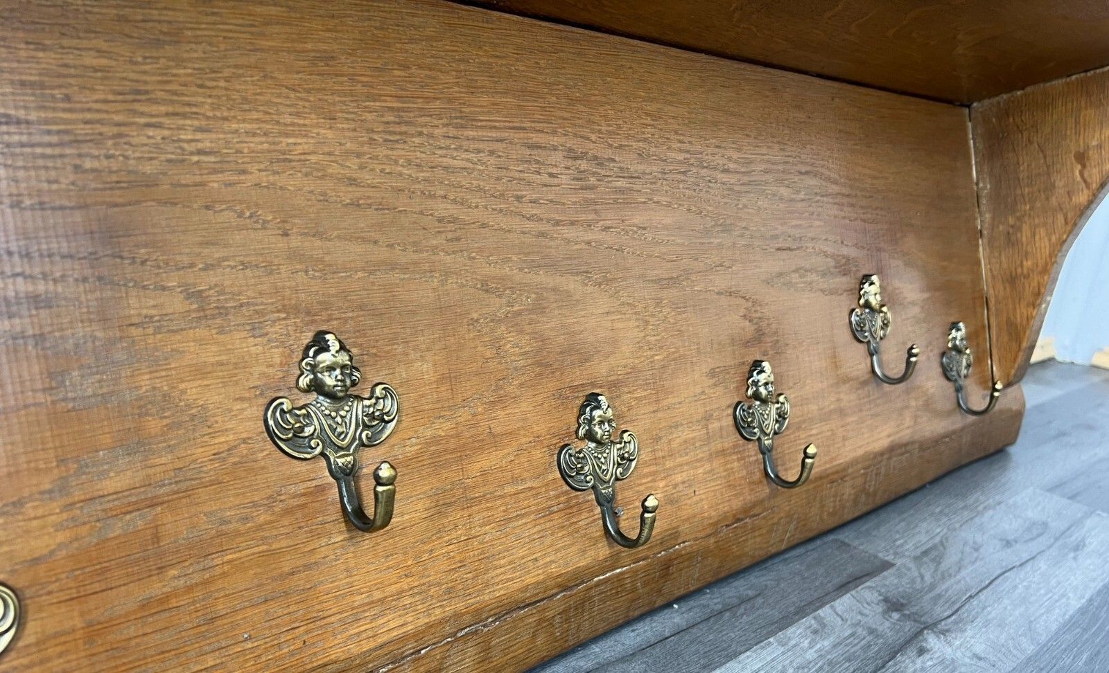 Coat Rack Antique French Oak Wall Shelf 6 Hook Carved Coat Hanger Lot 2641 photo for sale
