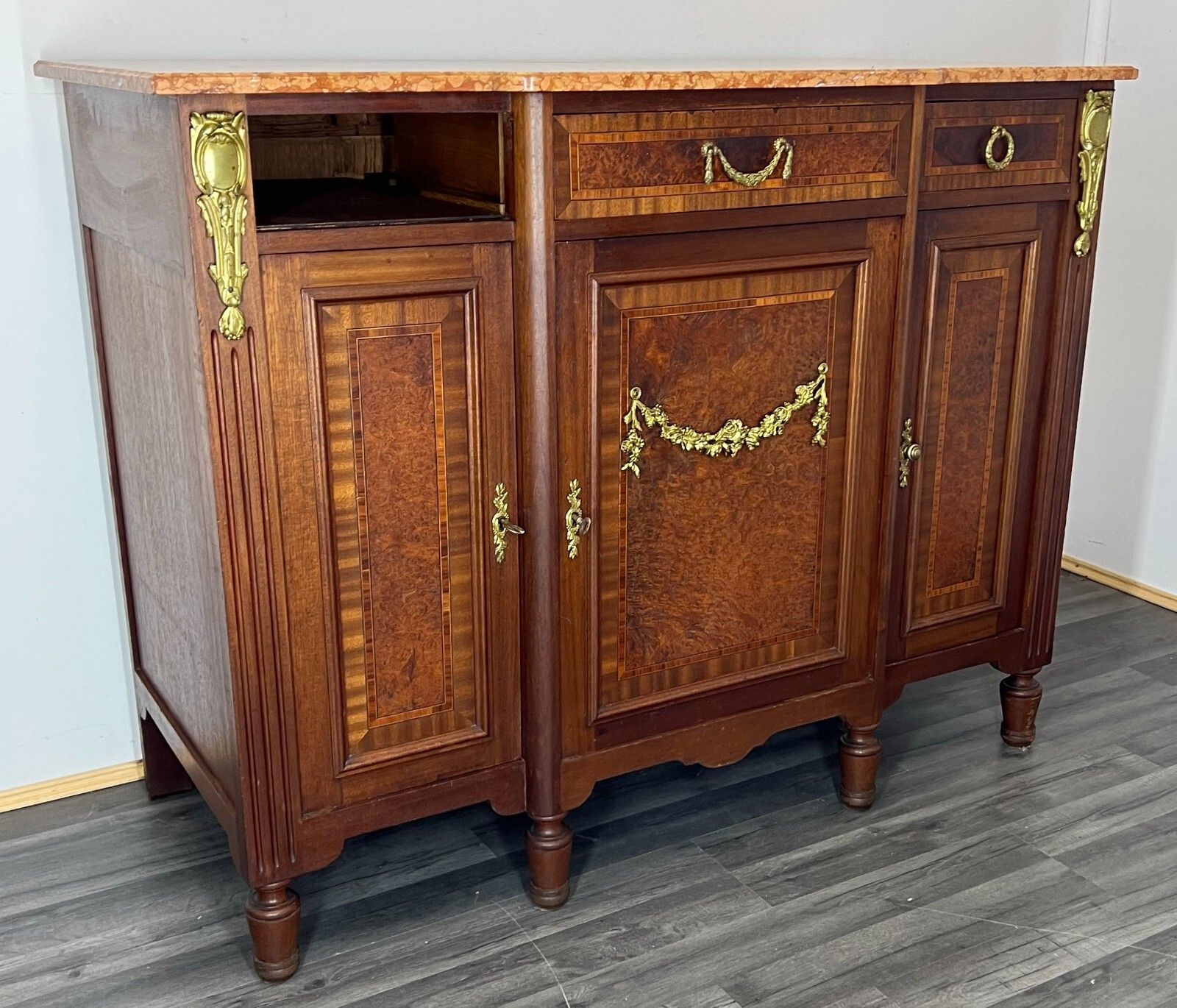 Sideboard Antique French Marble Top Inlaid Brass Detail Carved Cabinet Lot 2382