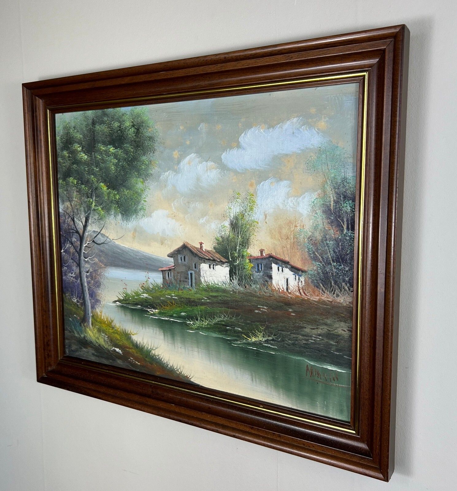 Vintage French Oil Painting Lake Mountain Scene Signed Framed Art Lot 5051 photo furniture