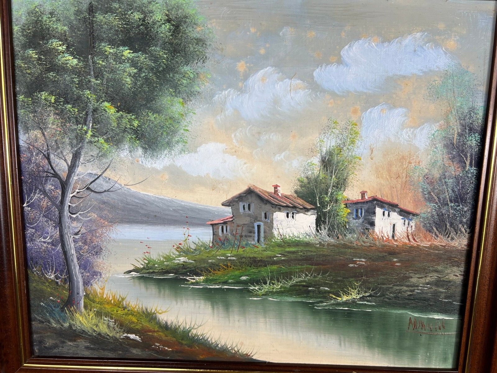 Vintage French Oil Painting Lake Mountain Scene Signed Framed Art Lot 5051 photo vinterior