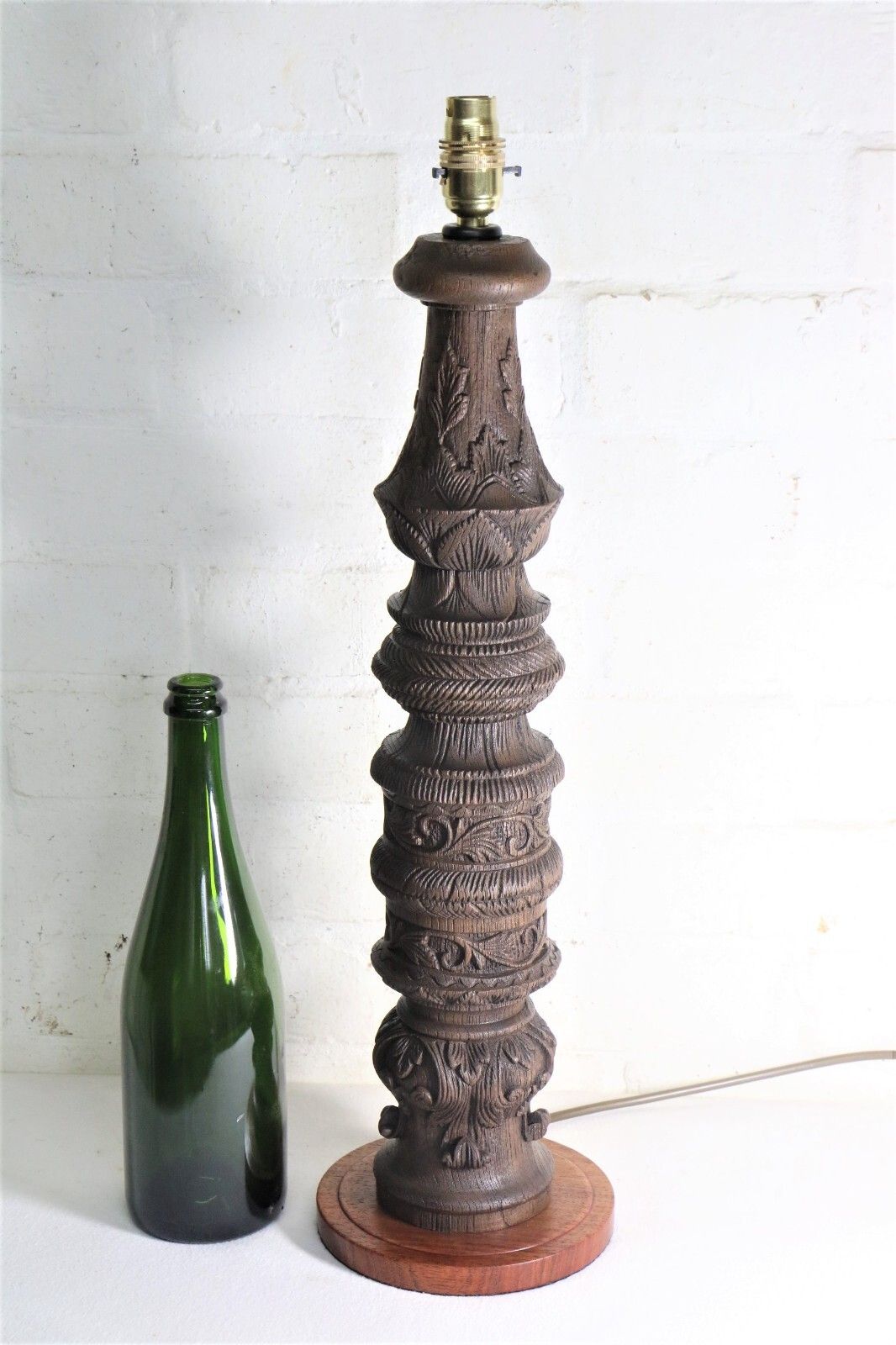 Table Lamp Antique Wooden Oak Table Lamp Late 19th C. Art Nouveau Finely Carved photo furniture