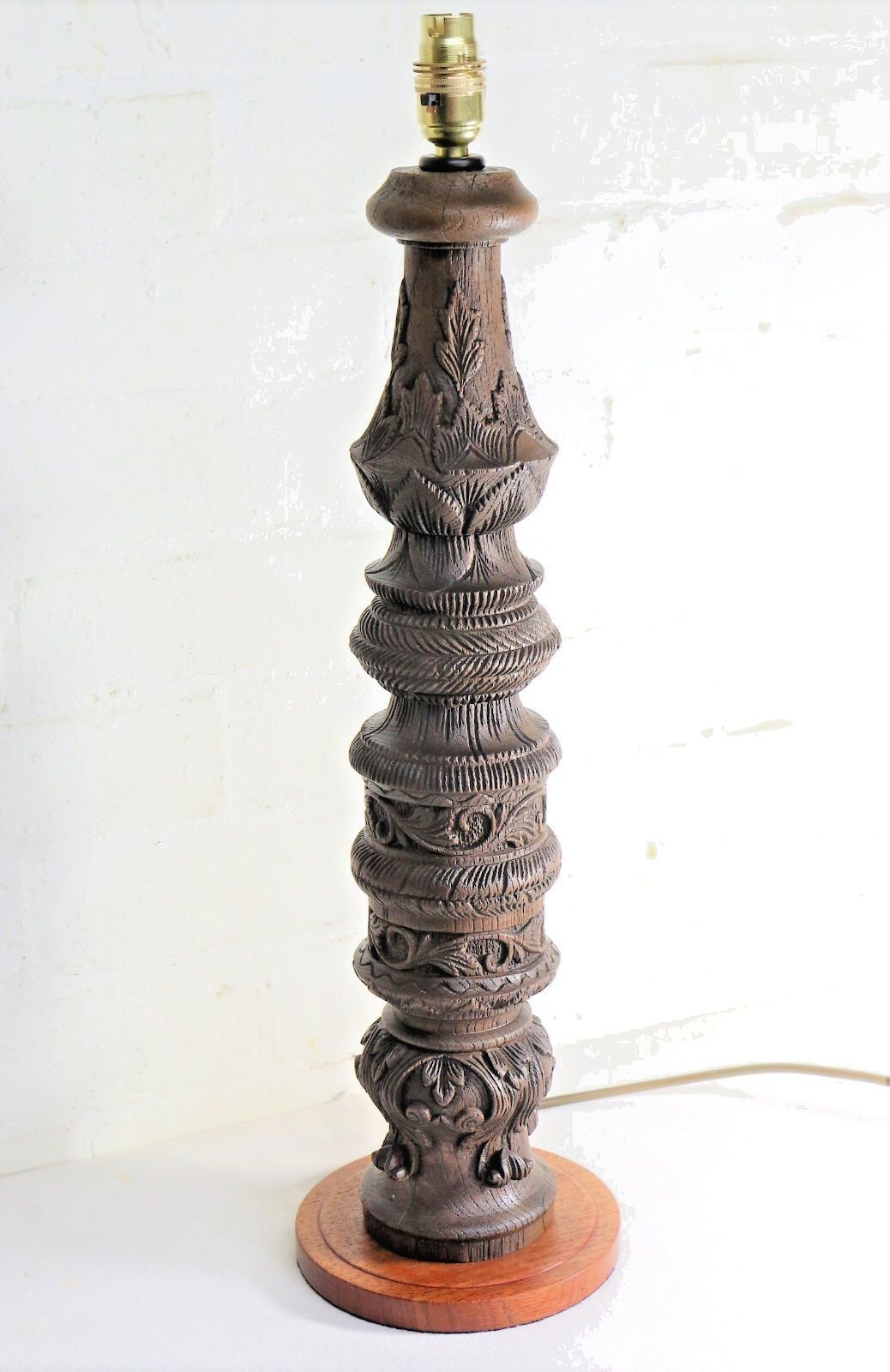 Table Lamp Antique Wooden Oak Table Lamp Late 19th C. Art Nouveau Finely Carved photo for sale