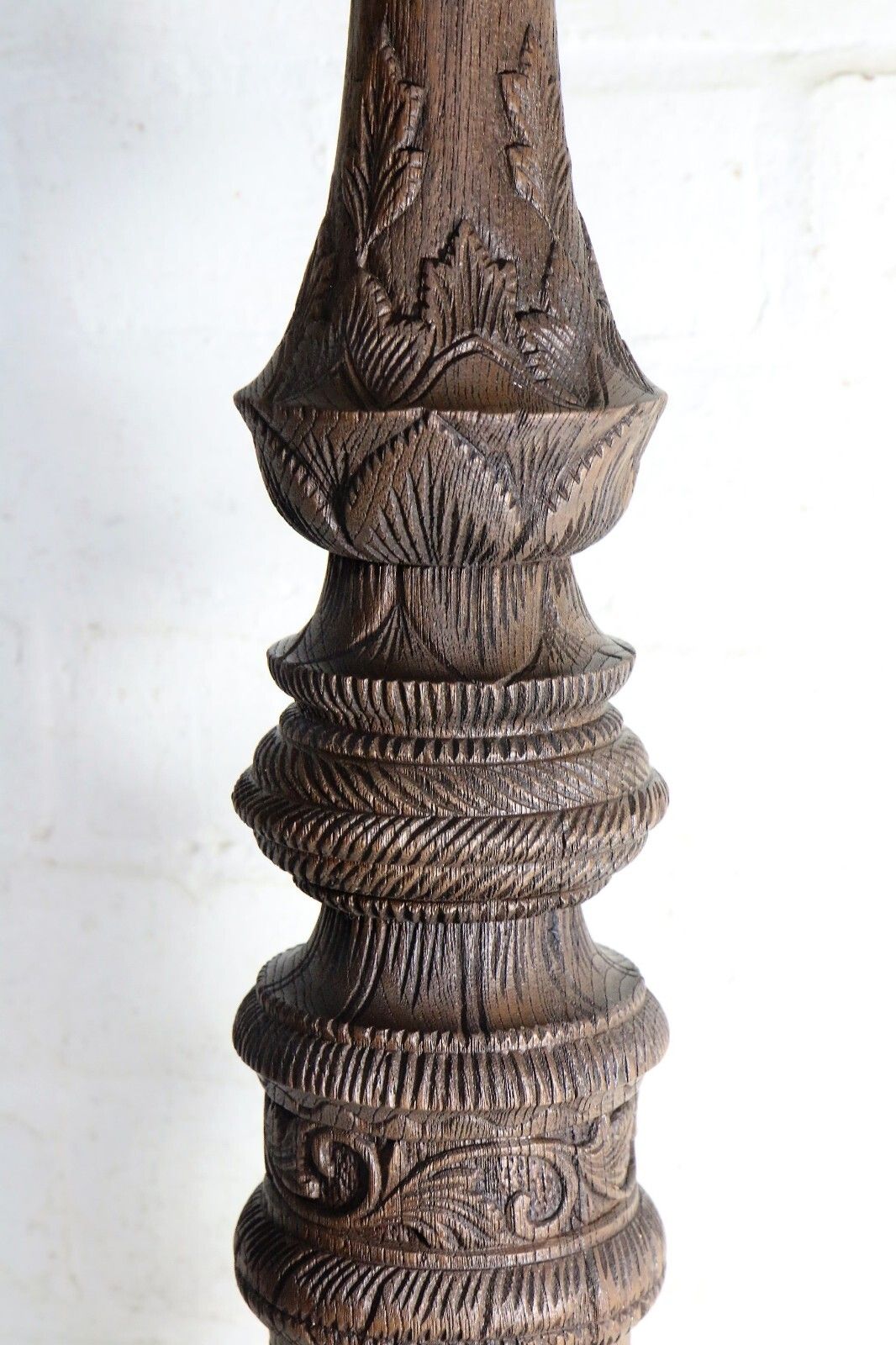Table Lamp Antique Wooden Oak Table Lamp Late 19th C. Art Nouveau Finely Carved photo vintage