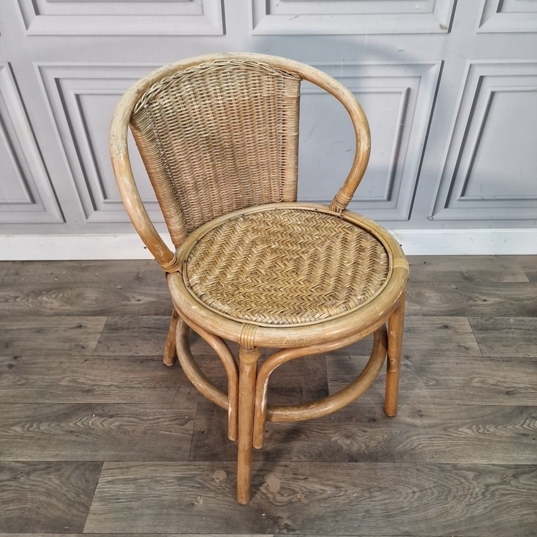 Vintage Rattan Wicker Chair Small Childs Bamboo Tub Style Seat Display Retro photo furniture