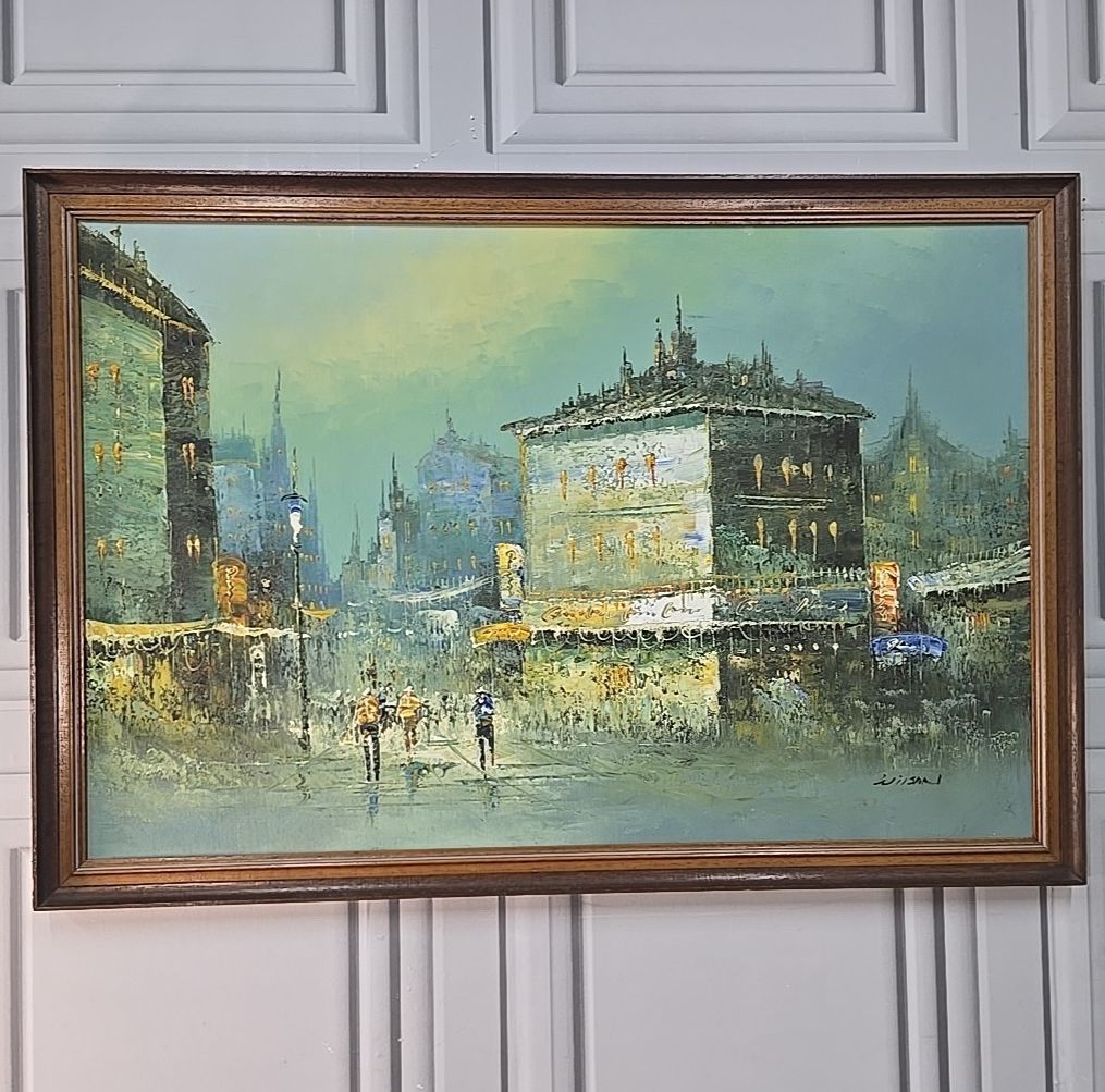 Vintage Framed Oil Painting City Street Scene Impressionist Signed Wilson Mcm photo furniture