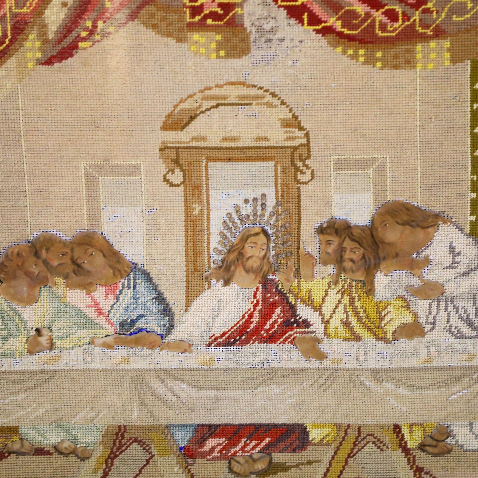 Antique French Devotional Needlepoint Wall Art Tapestry   Last Supper With Painted Faces photo furniture