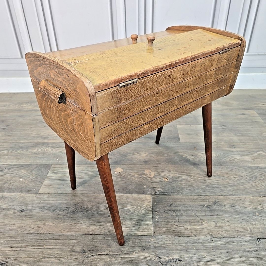 Vintage Sewing Box Wooden Atomic Craft Storage Tapered Legs Mid Century Retro