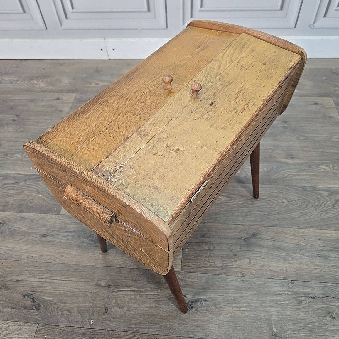 Vintage Sewing Box Wooden Atomic Craft Storage Tapered Legs Mid Century Retro photo for sale