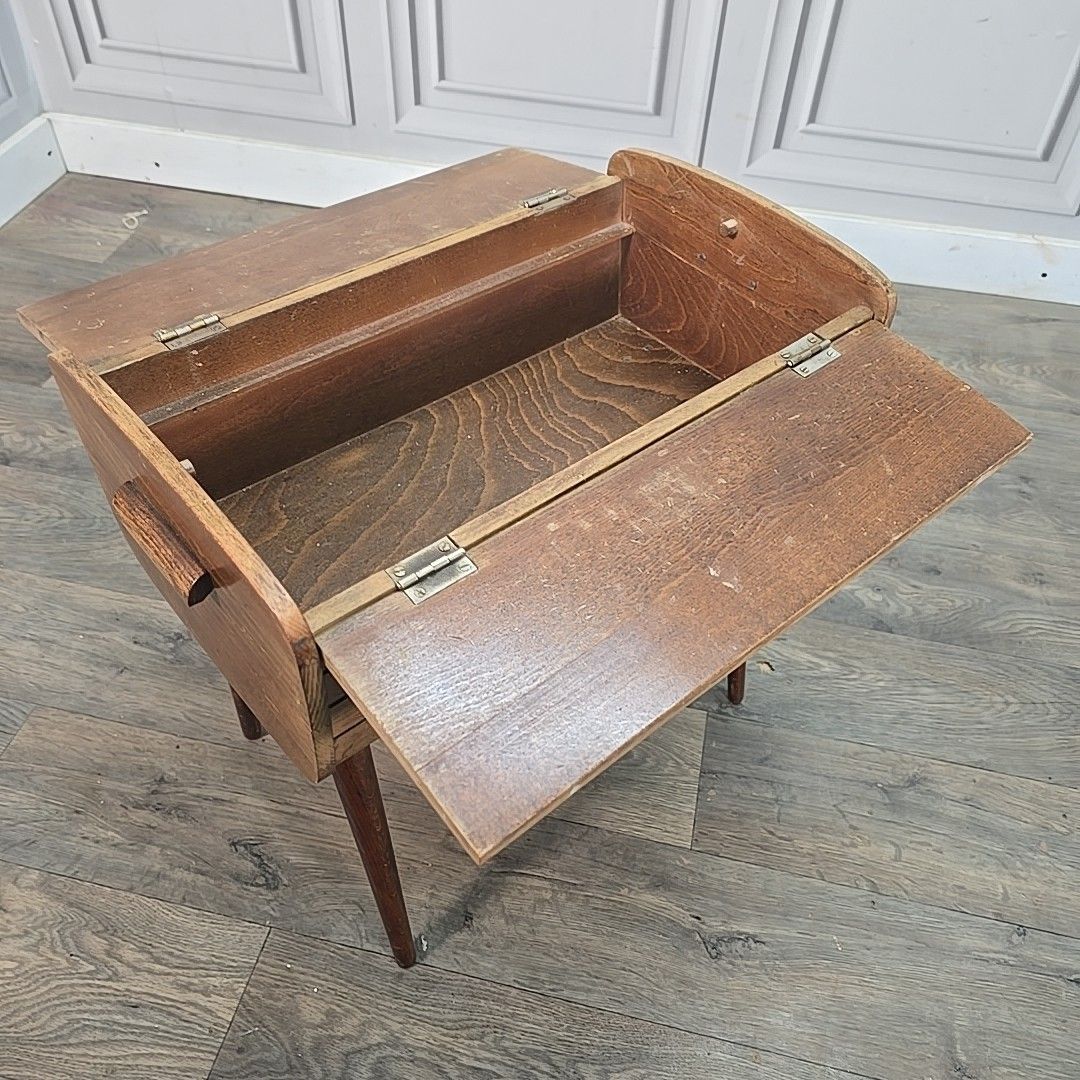photo furniture Vintage Sewing Box Wooden Atomic Craft Storage Tapered Legs Mid Century Retro
