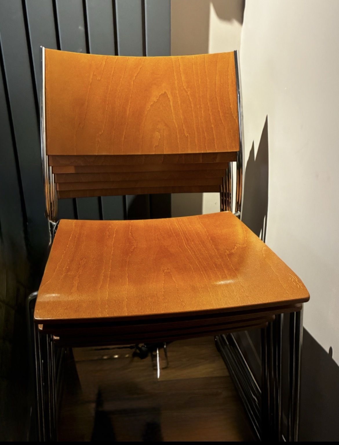 Set Of 6 Dietiker 'Tila' Swiss Designer Stacking Chairs – Chrome & Molded Wood