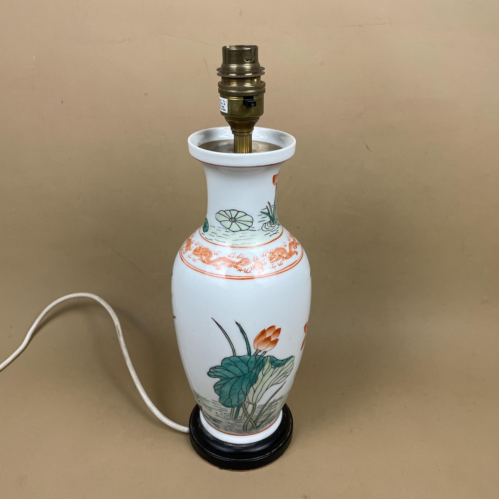 Oriental Ceramic Lamp Light Bedside Table Hand Painted Floral Lily Pad Design Pattern Wood Base Chinese Vase White Antique Brass Vintage photo vinterior