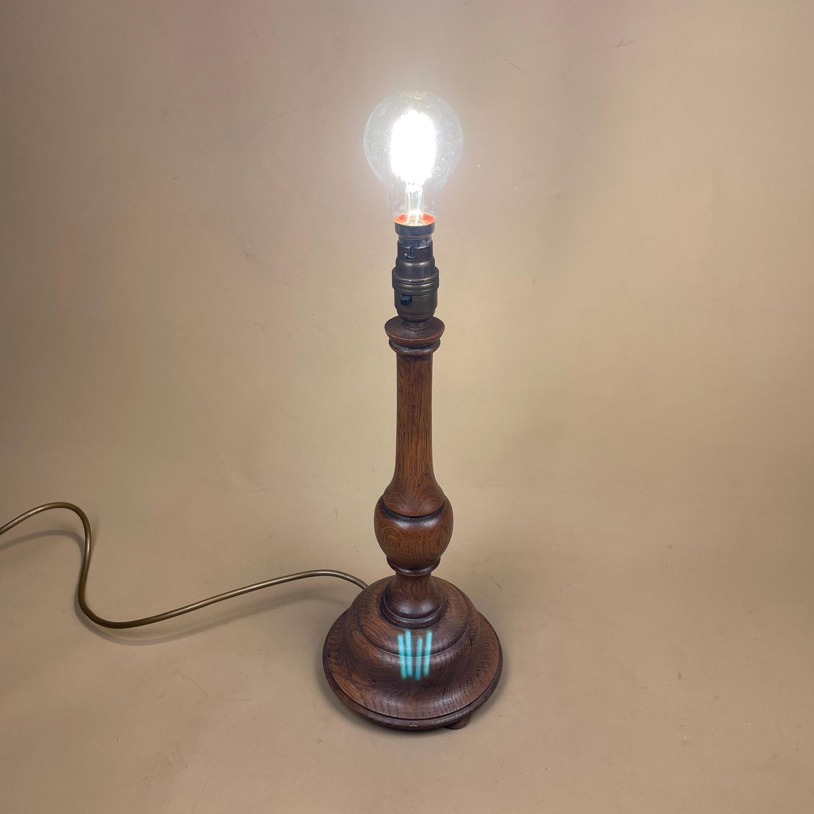 photo furniture Turned Wood Lamp Wooden Bedside Table Light Antique Brown Elegant Cottage Farmhouse Country Medium Tall Column Round Base