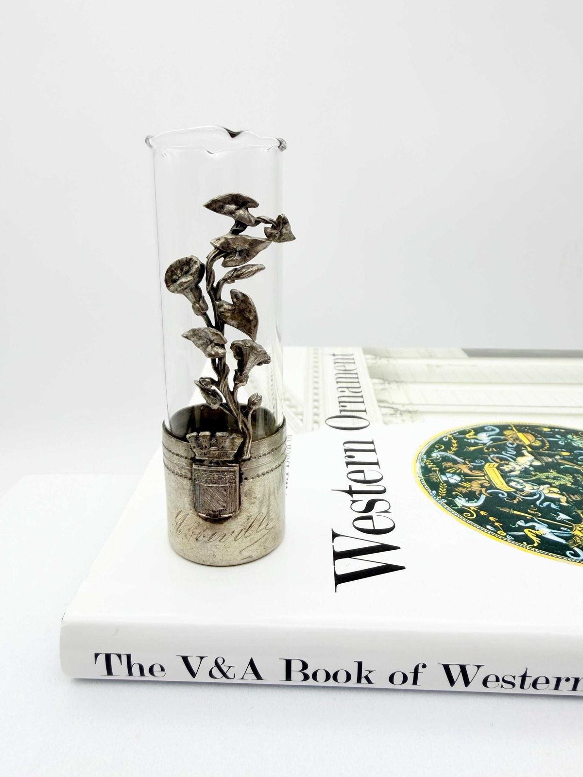 Art Nouveau Pewter Floral Bud Vase, Glass Overlay, Abeville Crest (9cm)
