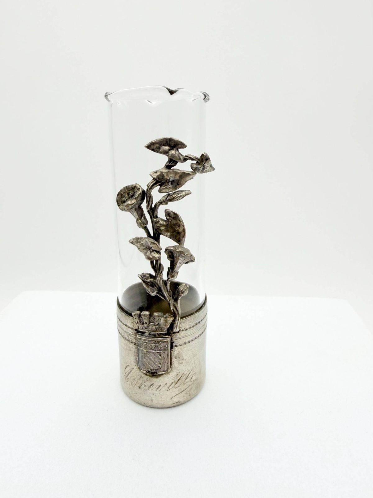 Art Nouveau Pewter Floral Bud Vase, Glass Overlay, Abeville Crest (9cm) photo furniture