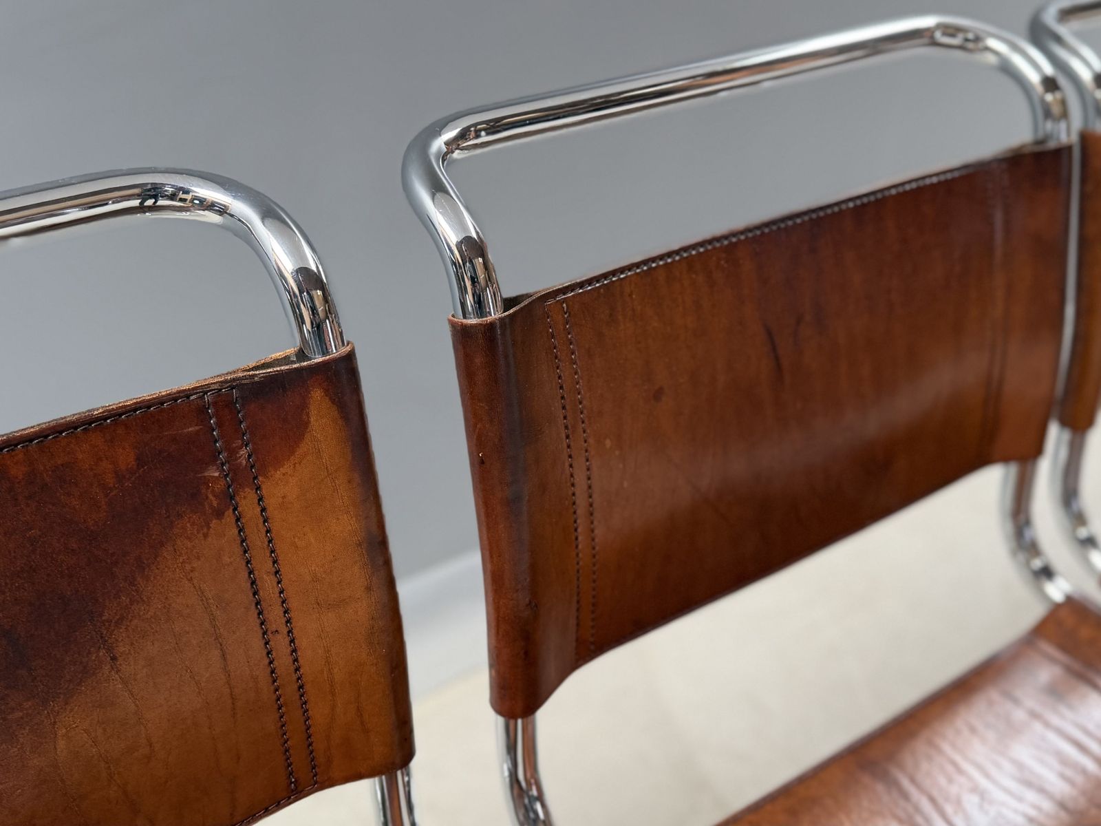 5995.0 6 Dining Chairs Mart Stam Marcel Breuer S33 Set Of Six Fasem Chrome Tan Brown Cognac Leather Cantilever Bauhaus 6 Mid Century Dining Chairs photo