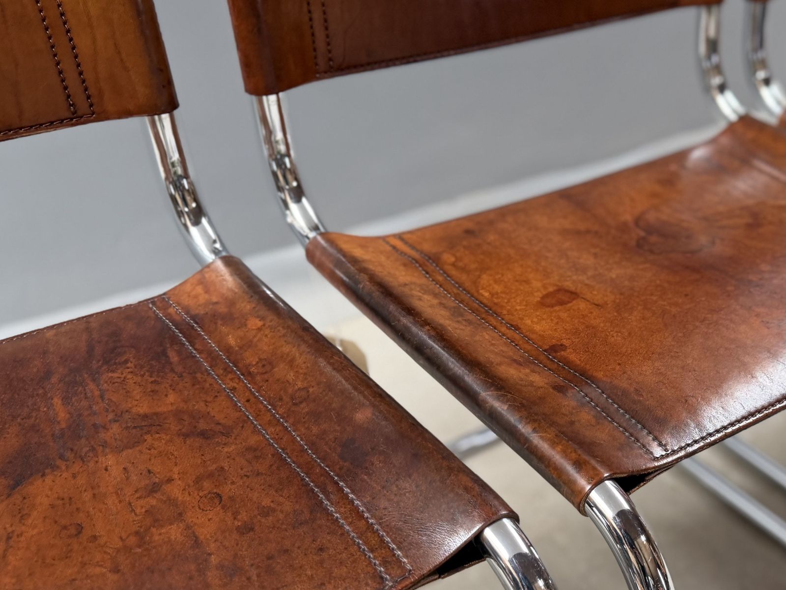 photo vinterior 6 Dining Chairs Mart Stam Marcel Breuer S33 Set Of Six Fasem Chrome Tan Brown Cognac Leather Cantilever Bauhaus 6 Mid Century Dining Chairs