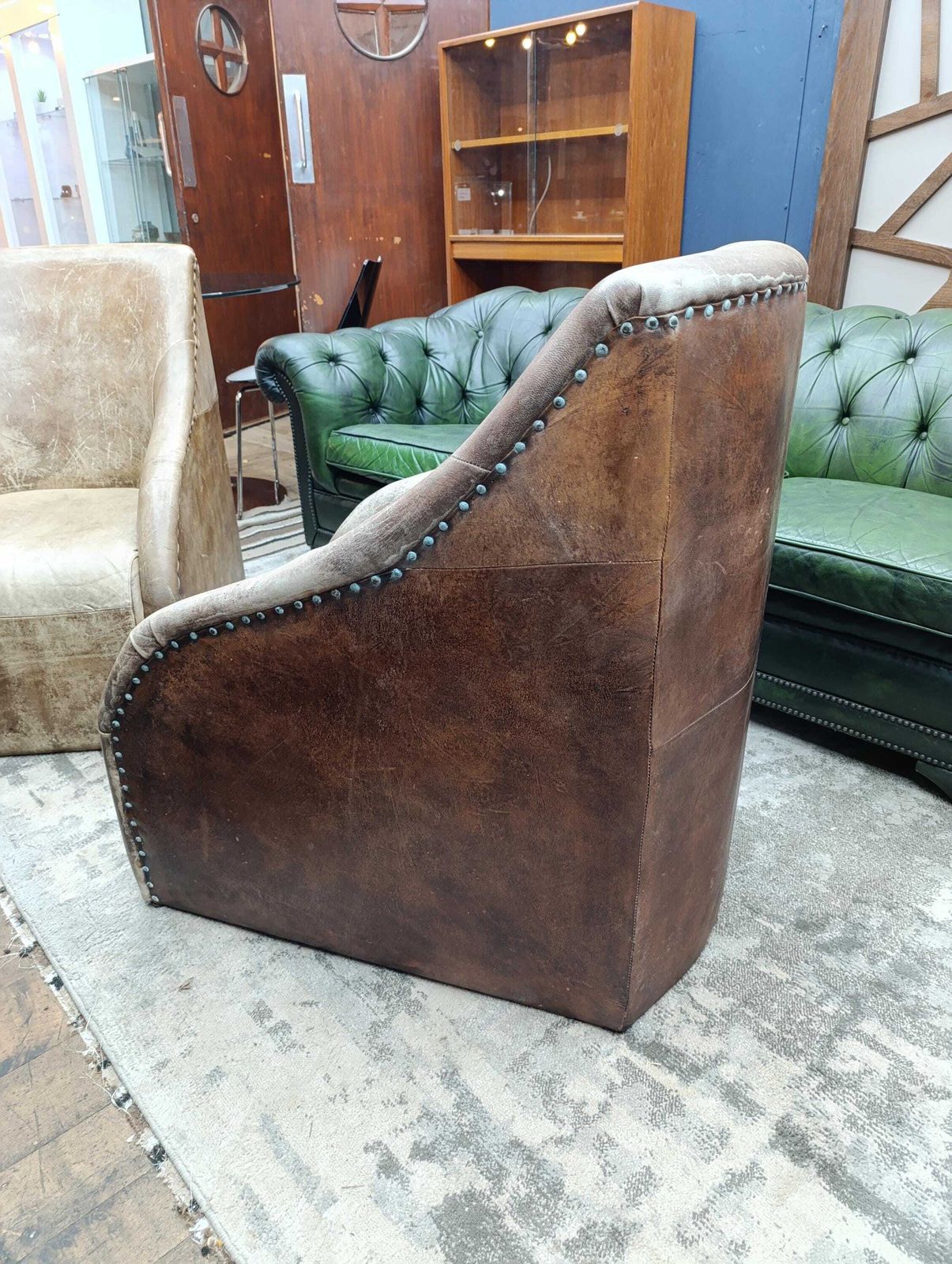 Brutalist Style Leather Lounge Chair | Sculptural Mid Century Form photo for sale