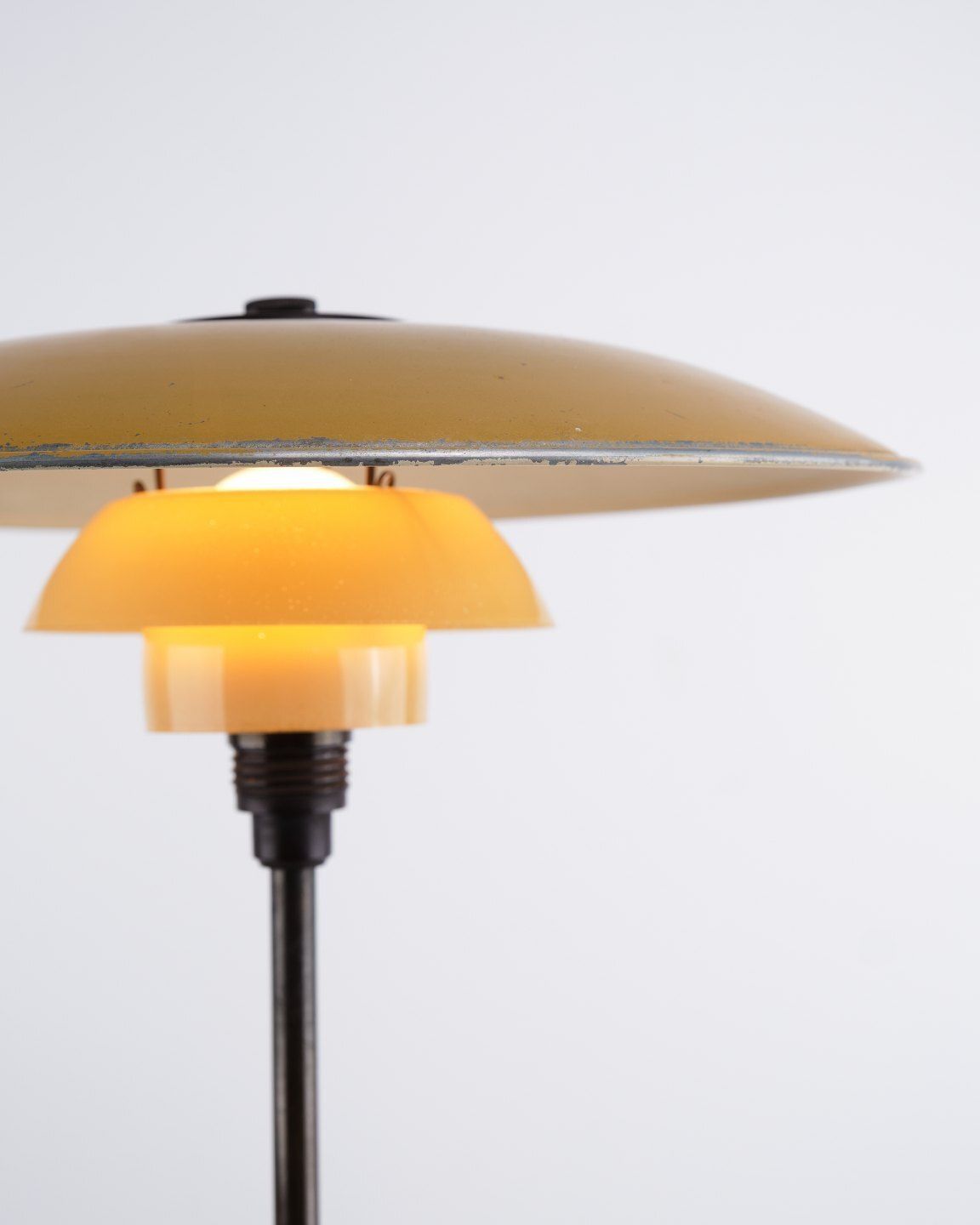 Poul Henningsen Table Lamp Model Ph 3.5/2.5 With Yellow Painted Metal Top Shade And Frame In Burnished Brass, Louis Poulsen 1930s photo furniture