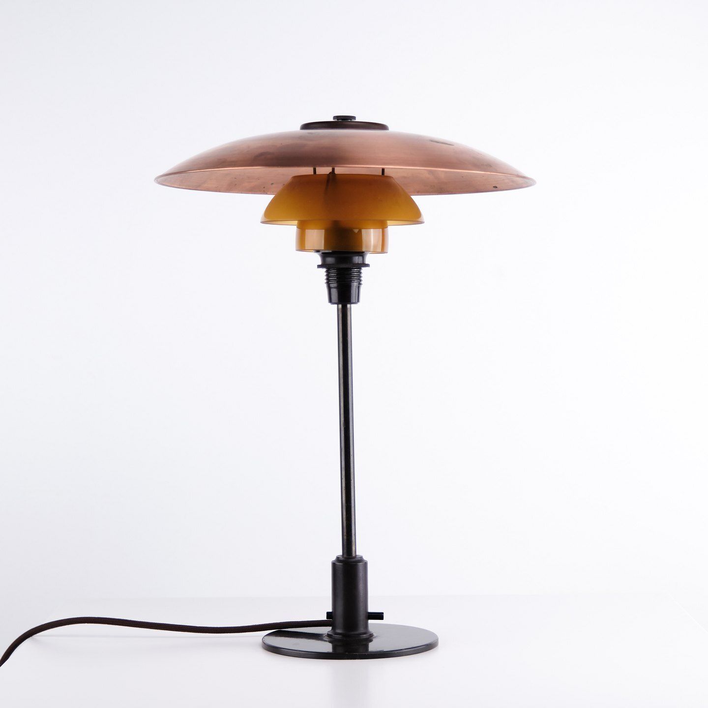 photo furniture Poul Henningsen Table Lamp Model Ph 3.5/2 In Copper With Amber Shades And Base In Burnished Brass, Louis Poulsen 1930s