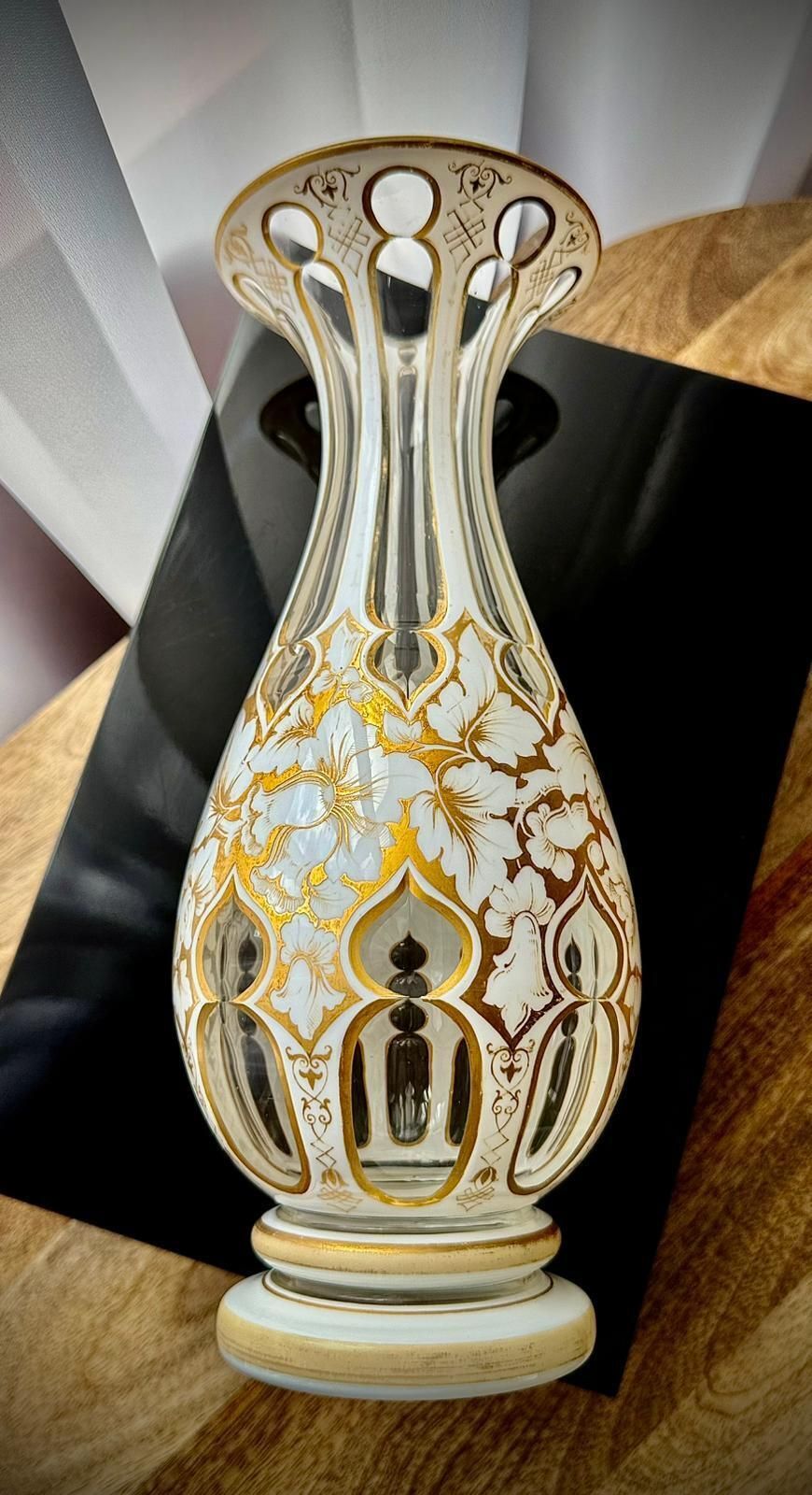 Antique Bohemian White Overlay Glass Vase, 19th Century photo for sale