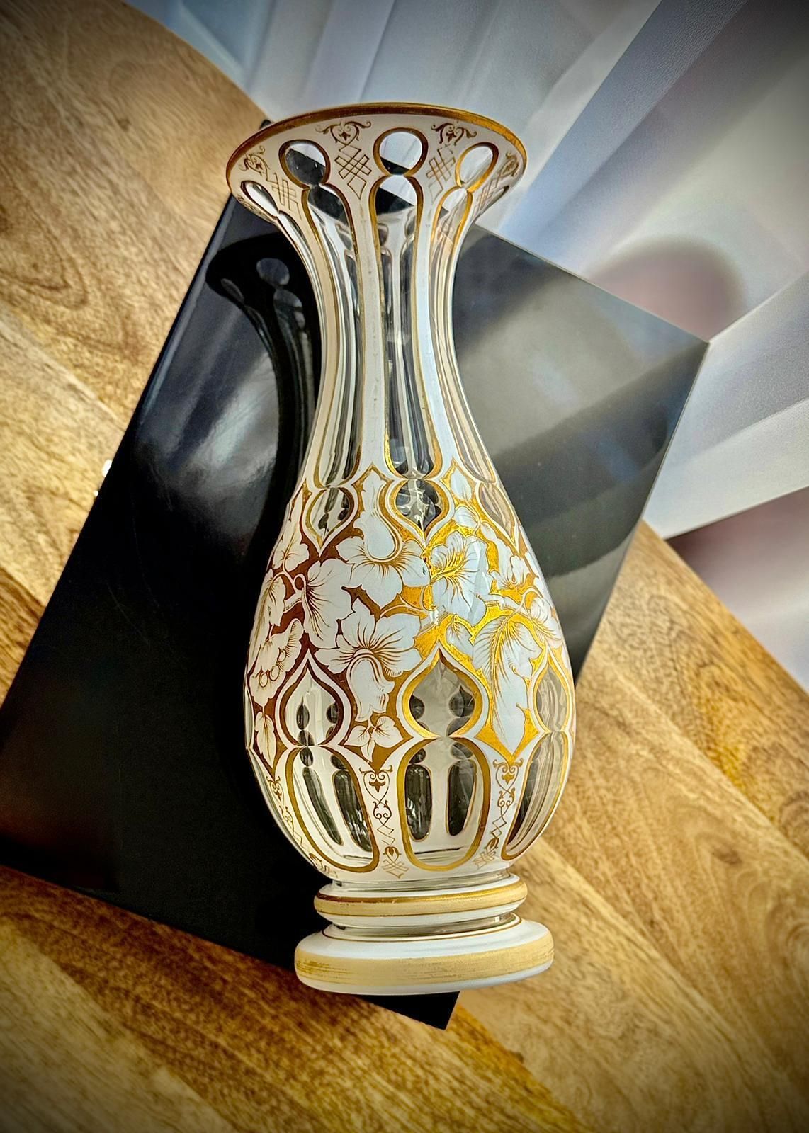Antique Bohemian White Overlay Glass Vase, 19th Century photo vinterior