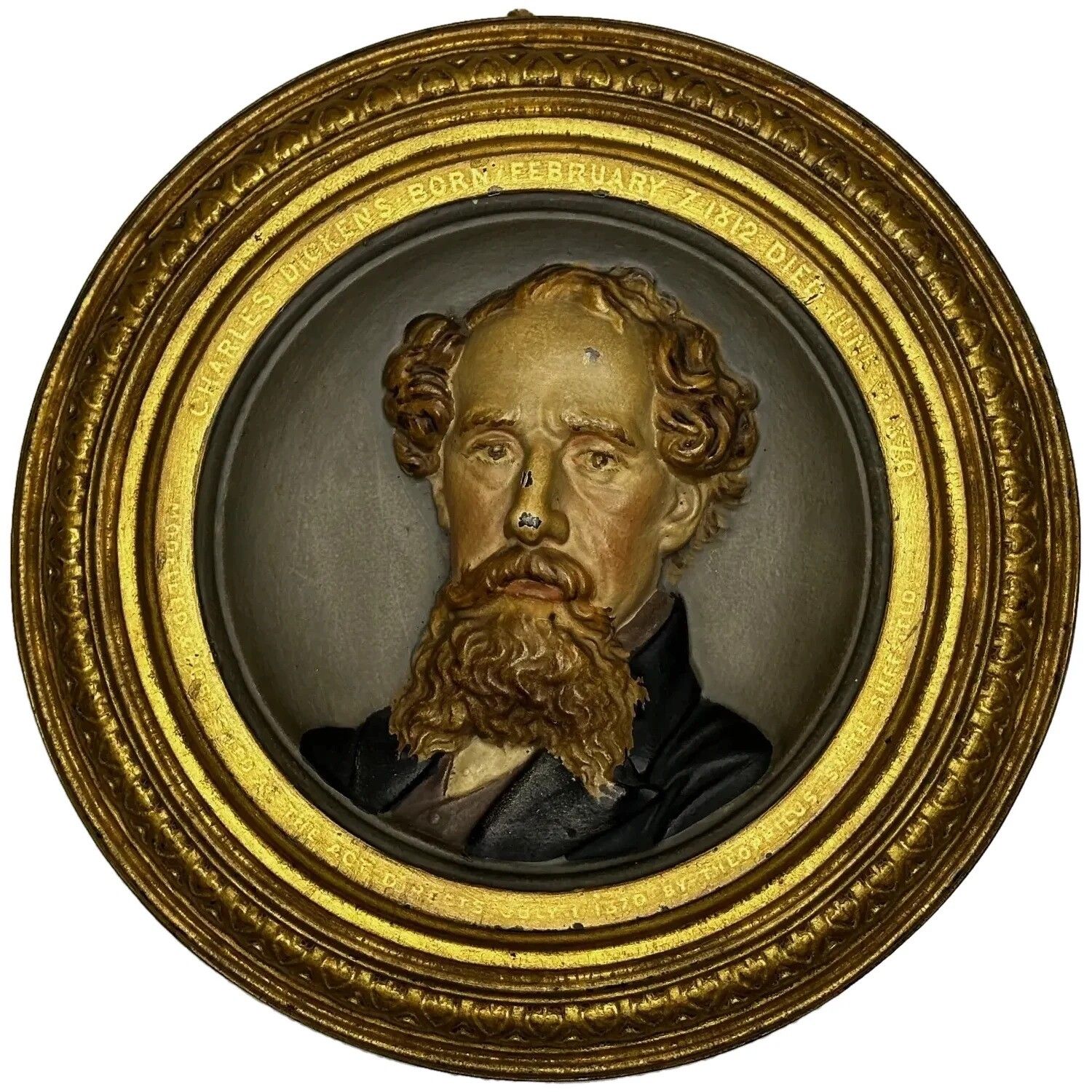 Victorian Gilt Bronze In Low Relief Charles Dickens Portrait Wall Sculpture