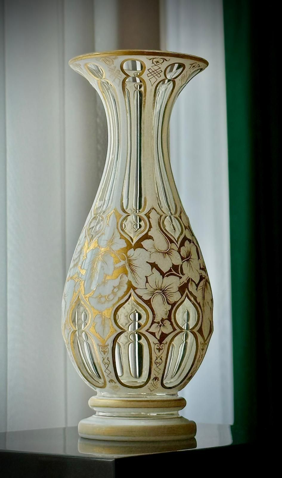 745.0 Antique Bohemian White Overlay Glass Vase, 19th Century photo