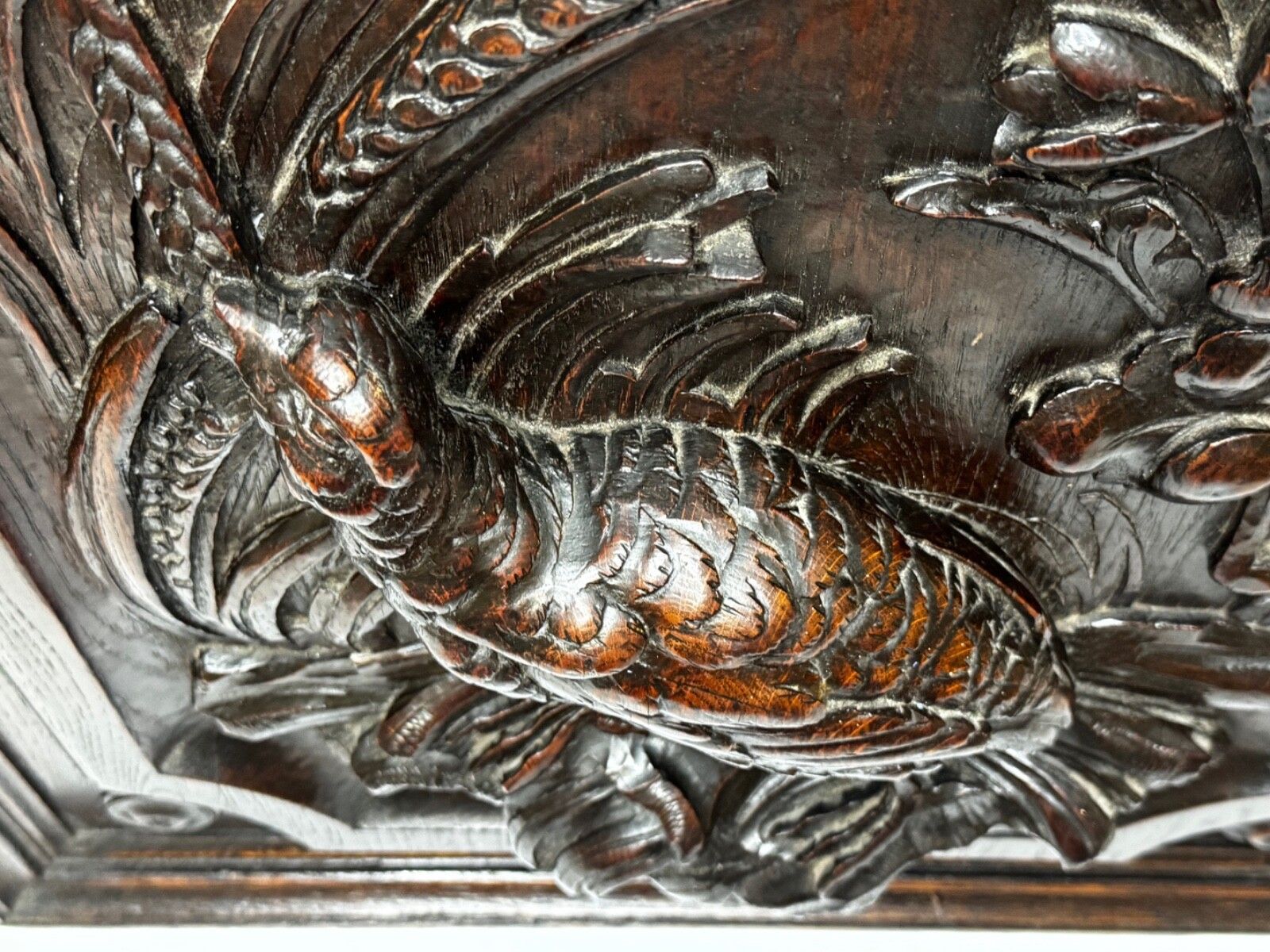 photo vintage 🏛️ Exceptional Victorian Carved Hunting Panel Pugin Design Grouse In Wetlands