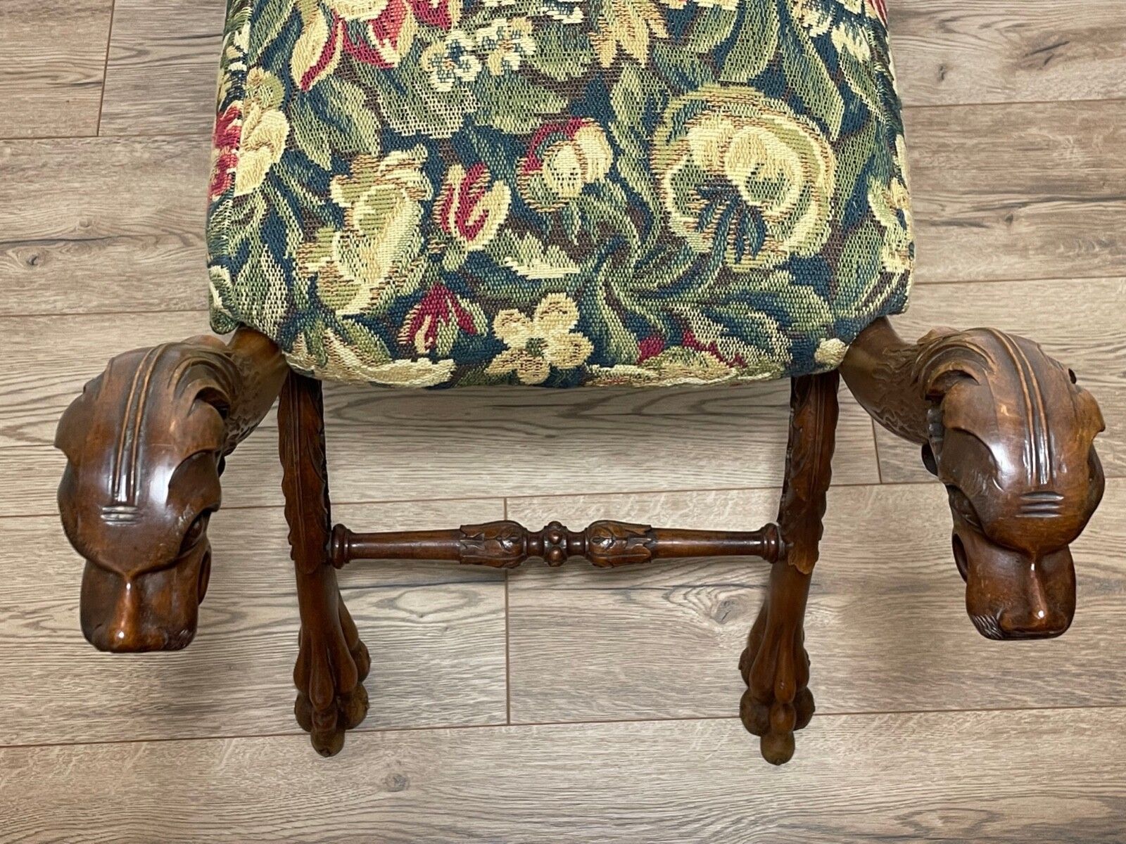 Victorian Curved X Frame Carved Walnut Window Seat Stool Hunting Dog Heads photo buy