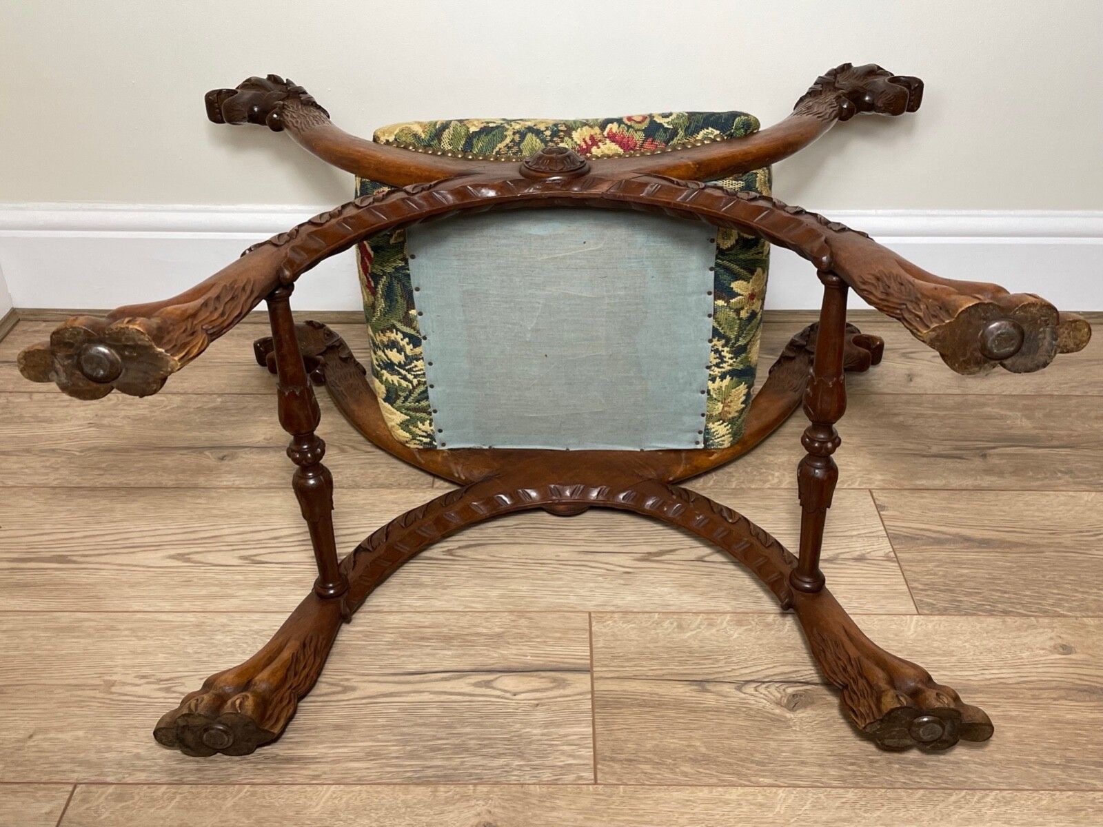 photo for sale Victorian Curved X Frame Carved Walnut Window Seat Stool Hunting Dog Heads