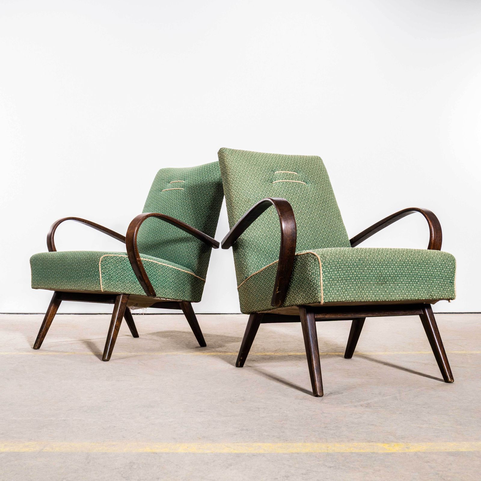 1950’s Jaroslav šmídek Original Sprung Seat Armchairs In Geometric Jacquard Fabric photo furniture