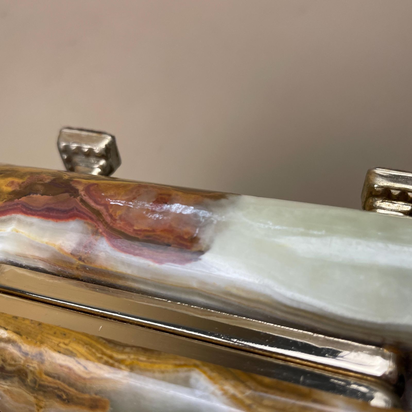 photo for sale Green Onyx Jewellery Box Trinket Keepsake Stone Marble Hinged Lid Velvet Lined Small Dressing Table Decor Brass Feet Ring Holder