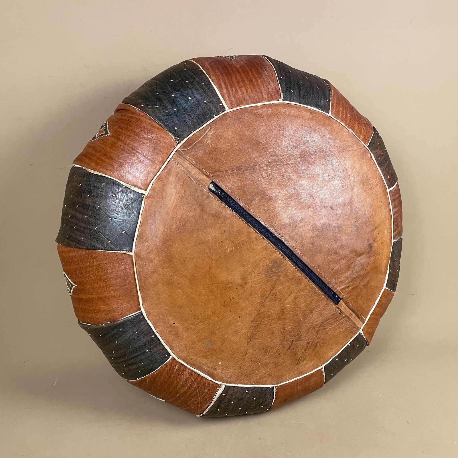 photo for sale Moroccan Leather Pouf Ottoman Patchwork Round Vintage Boho Floor Seat Brown Geometric Pattern Handmade