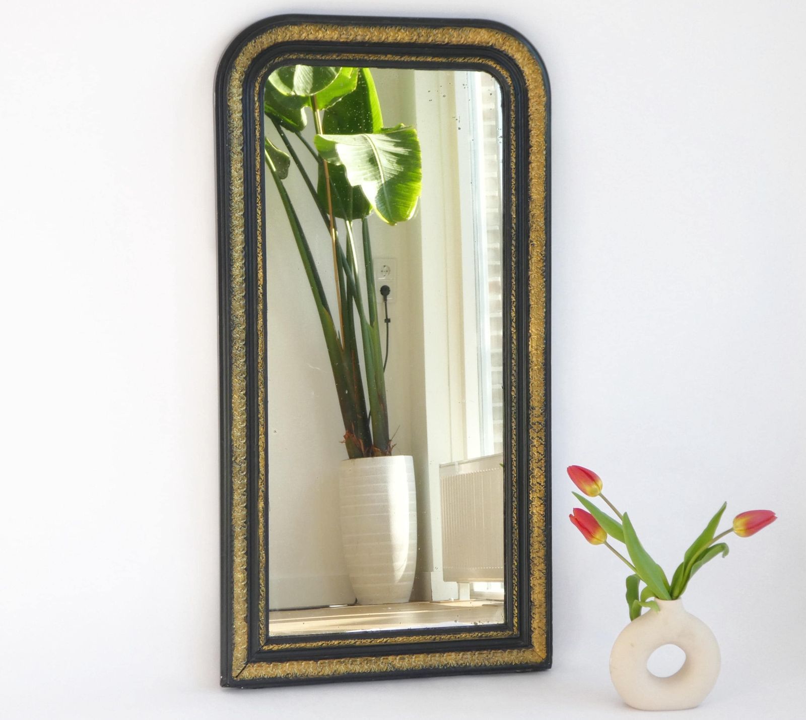 Tall Antique French Louis Philippe Mirror, Arched Gilt Wood 19th Century Mirror, Wall Mirror In Black And Gold