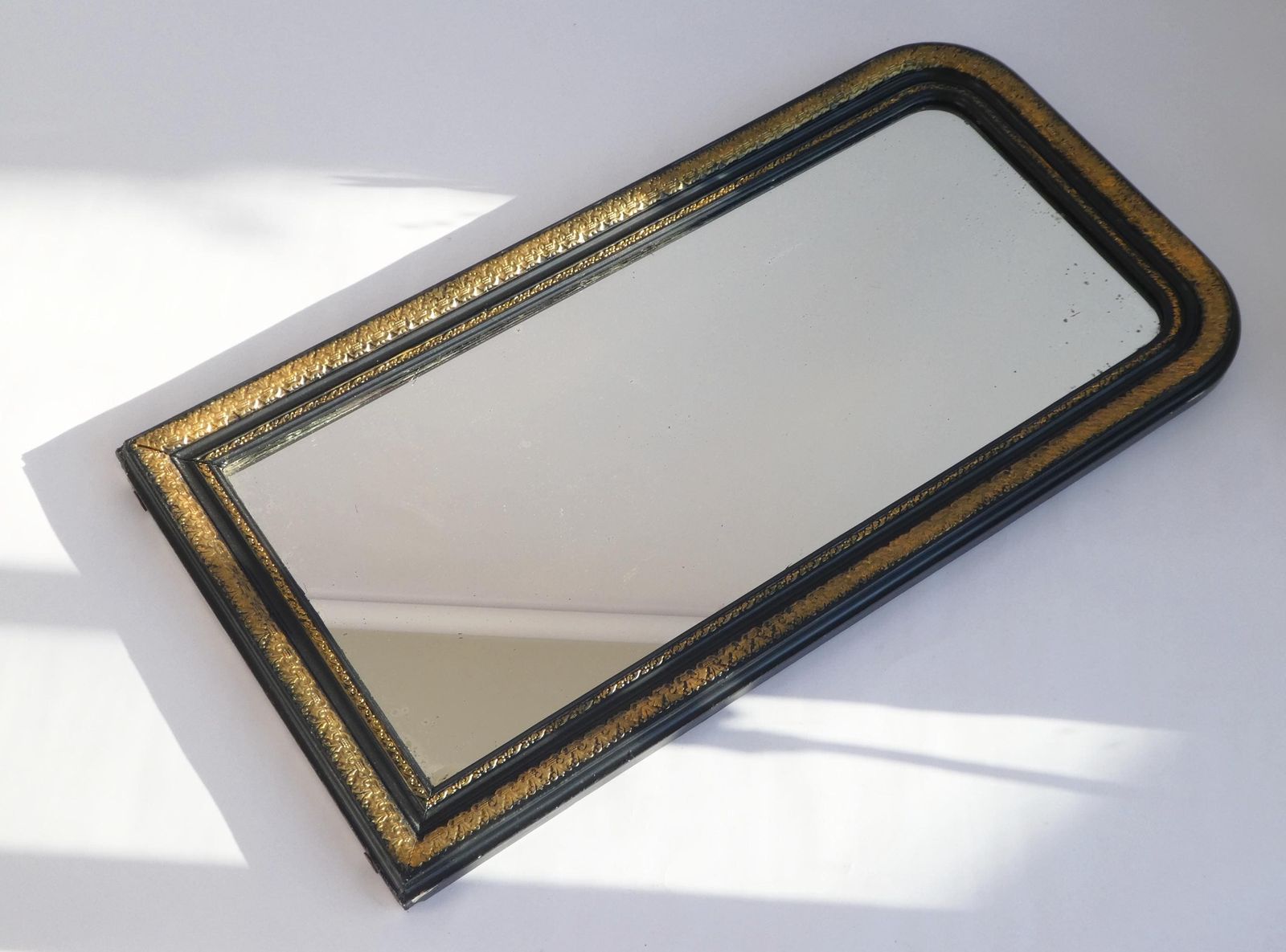 Tall Antique French Louis Philippe Mirror, Arched Gilt Wood 19th Century Mirror, Wall Mirror In Black And Gold photo furniture