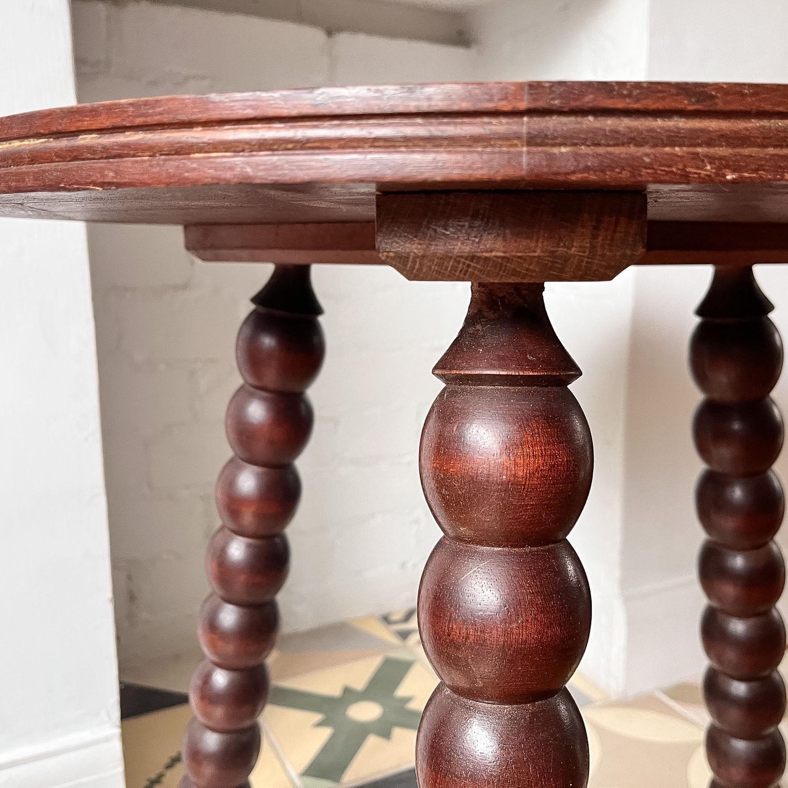 Antique Round French Bobbin Side Table With Parquetry Top photo for sale