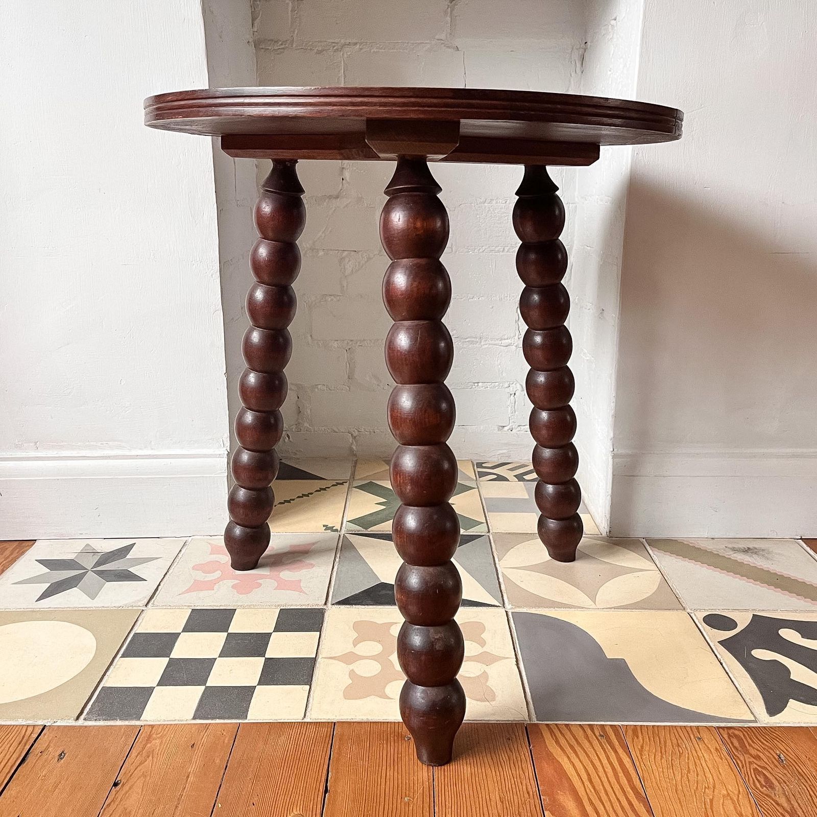 Antique Round French Bobbin Side Table With Parquetry Top photo vinterior