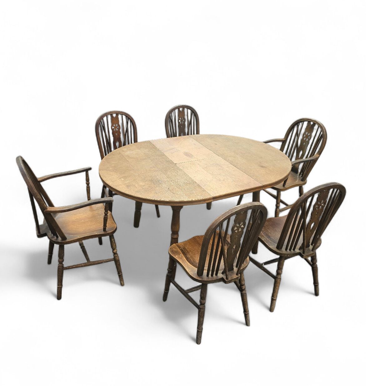 photo furniture A Bit Wearthered Windsor Wheelback Dining Set (7) By The Oirschotse Meubelindustrie 1950s