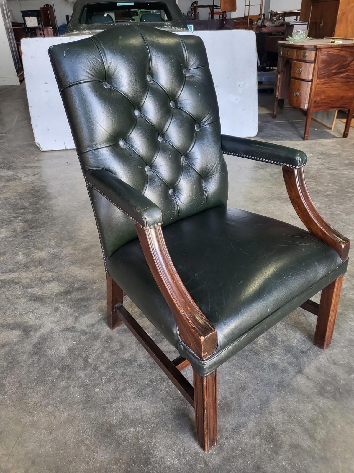 Antique Repro Green Leather Button Back Open Armchair