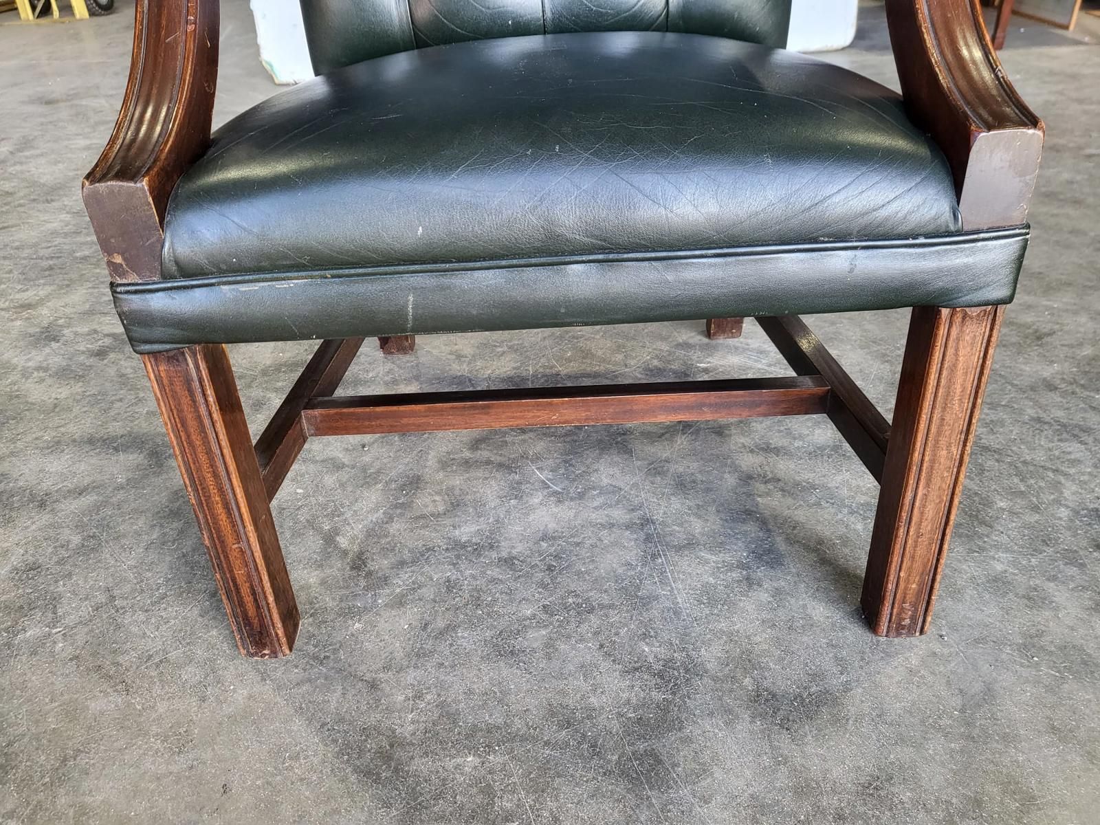 photo vinterior Antique Repro Green Leather Button Back Open Armchair