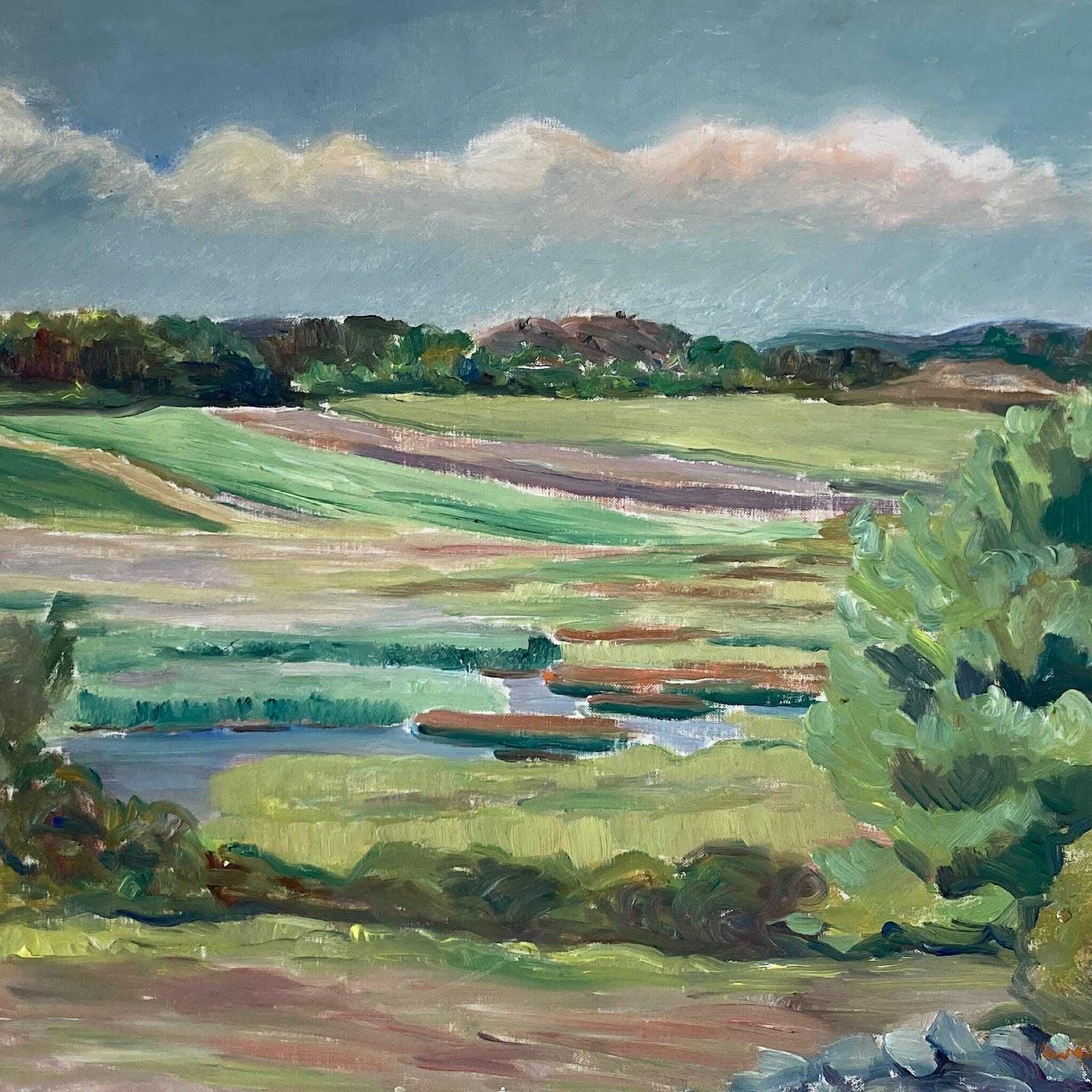 Summer Fields Landscape   Large Vintage Scandinavian Original Oil On Board Painting Dated 1939 photo vinterior