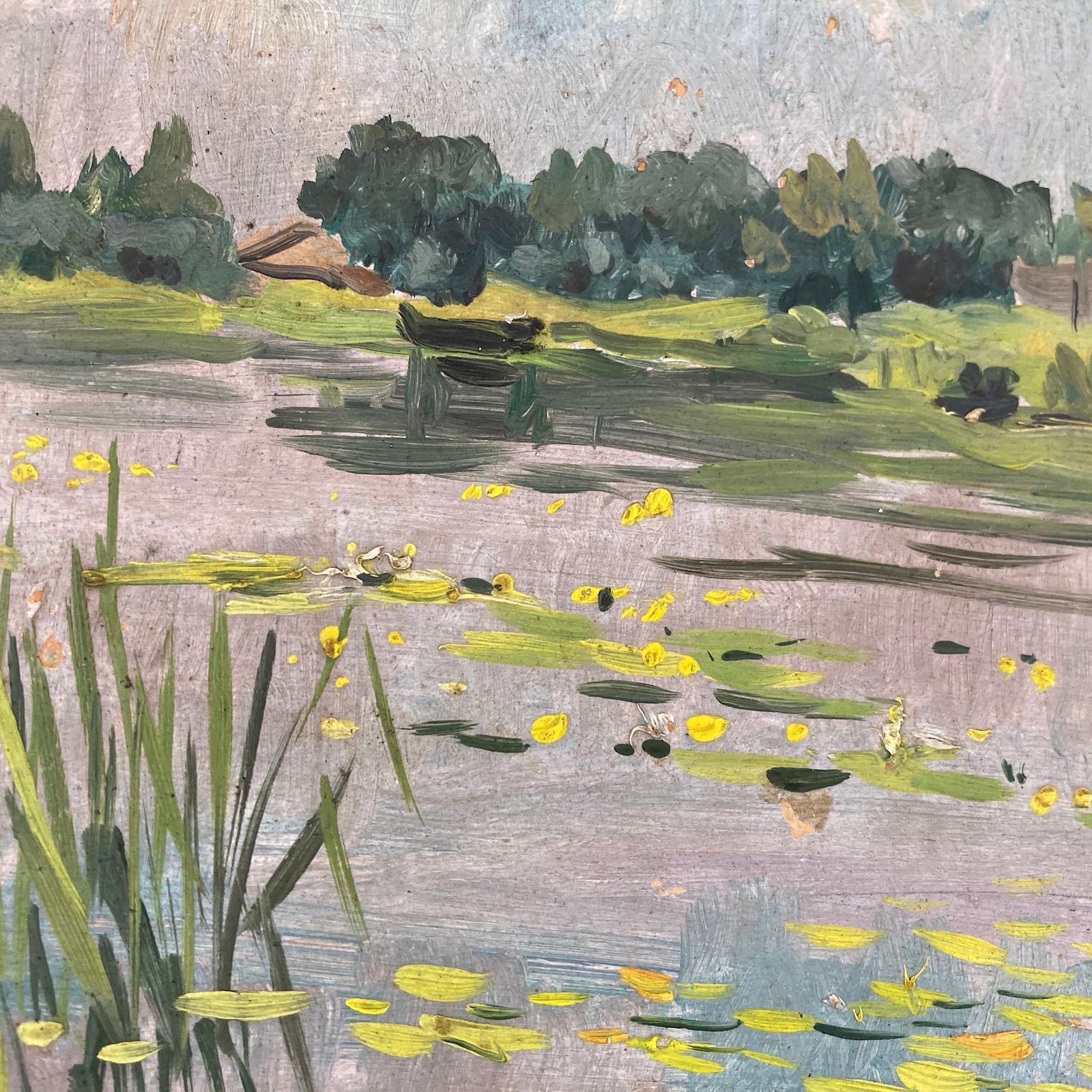 Waterlilies   Small Antique Original European Impressionist Oil Painting Of A River Scene photo for sale