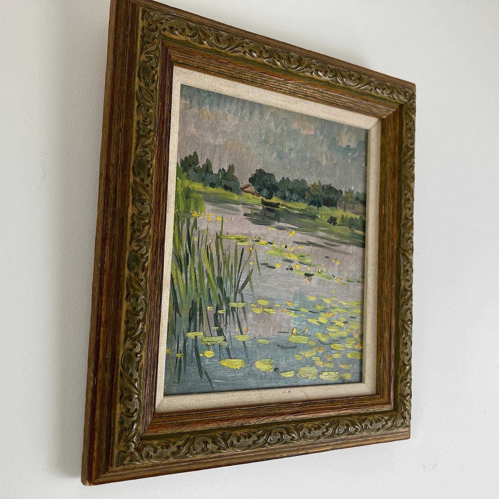 Waterlilies   Small Antique Original European Impressionist Oil Painting Of A River Scene photo 420.0
