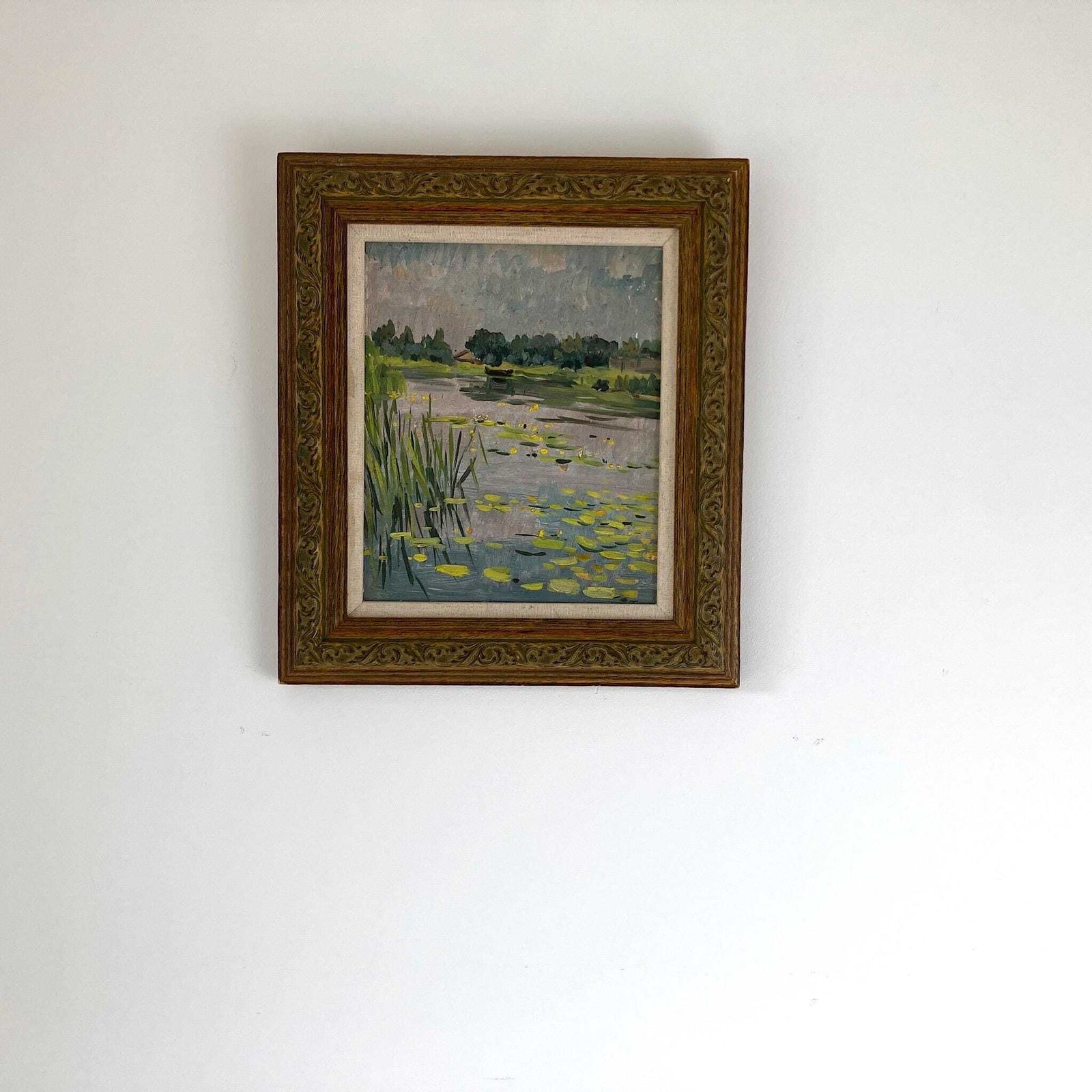 photo furniture Waterlilies   Small Antique Original European Impressionist Oil Painting Of A River Scene