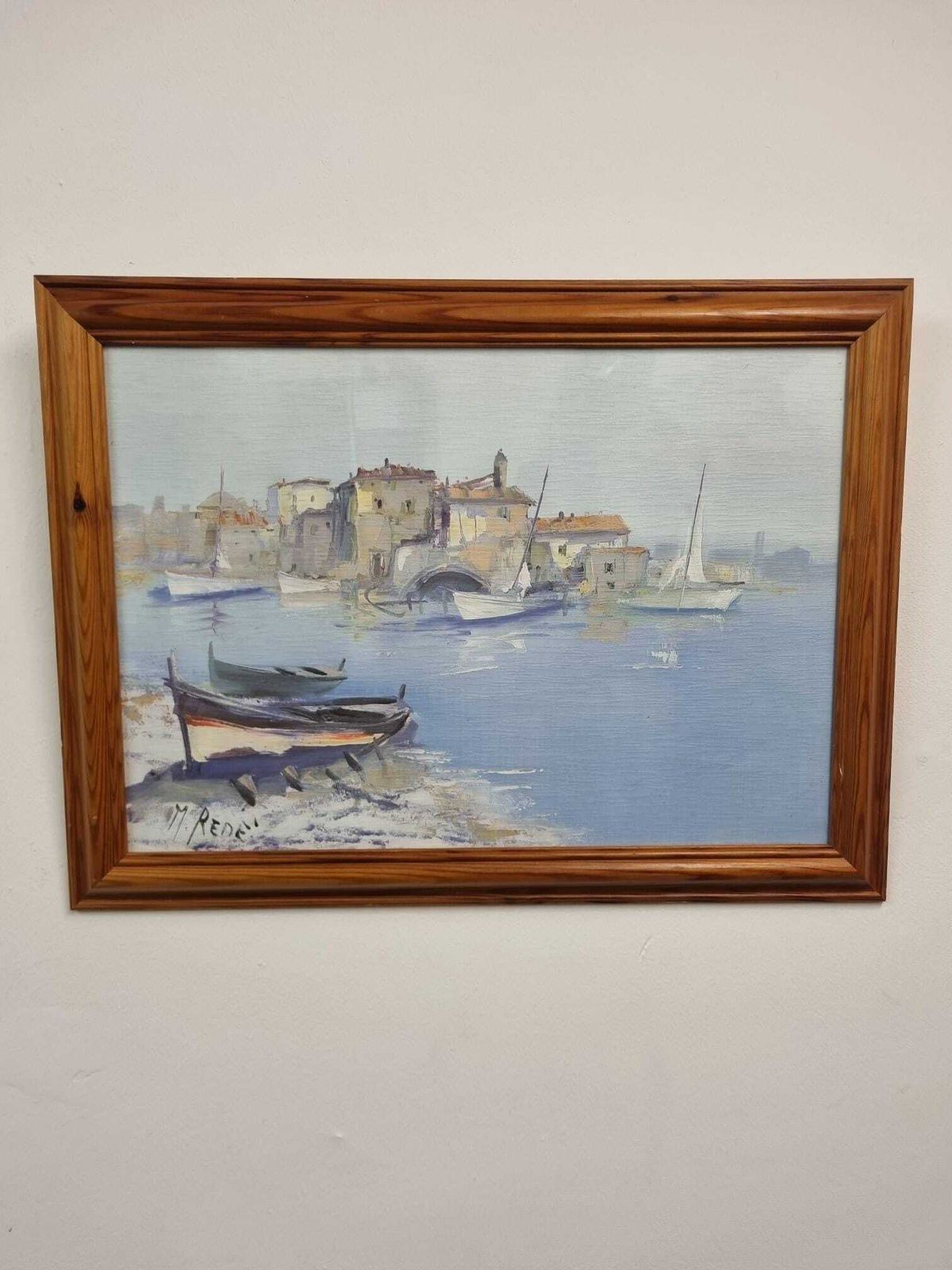 Original Signed Oil Painting On Canvas / Coastal Harbour Scene / C1960 photo furniture