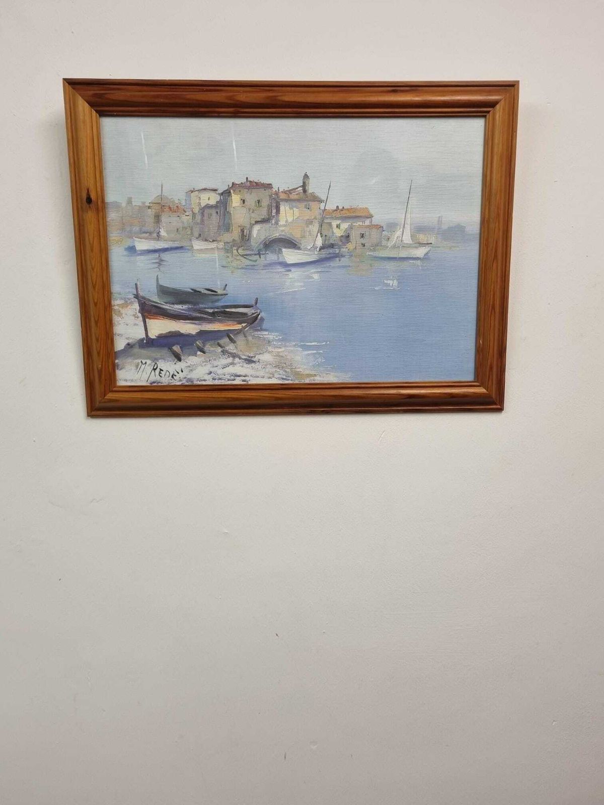 Original Signed Oil Painting On Canvas / Coastal Harbour Scene / C1960 photo vintage