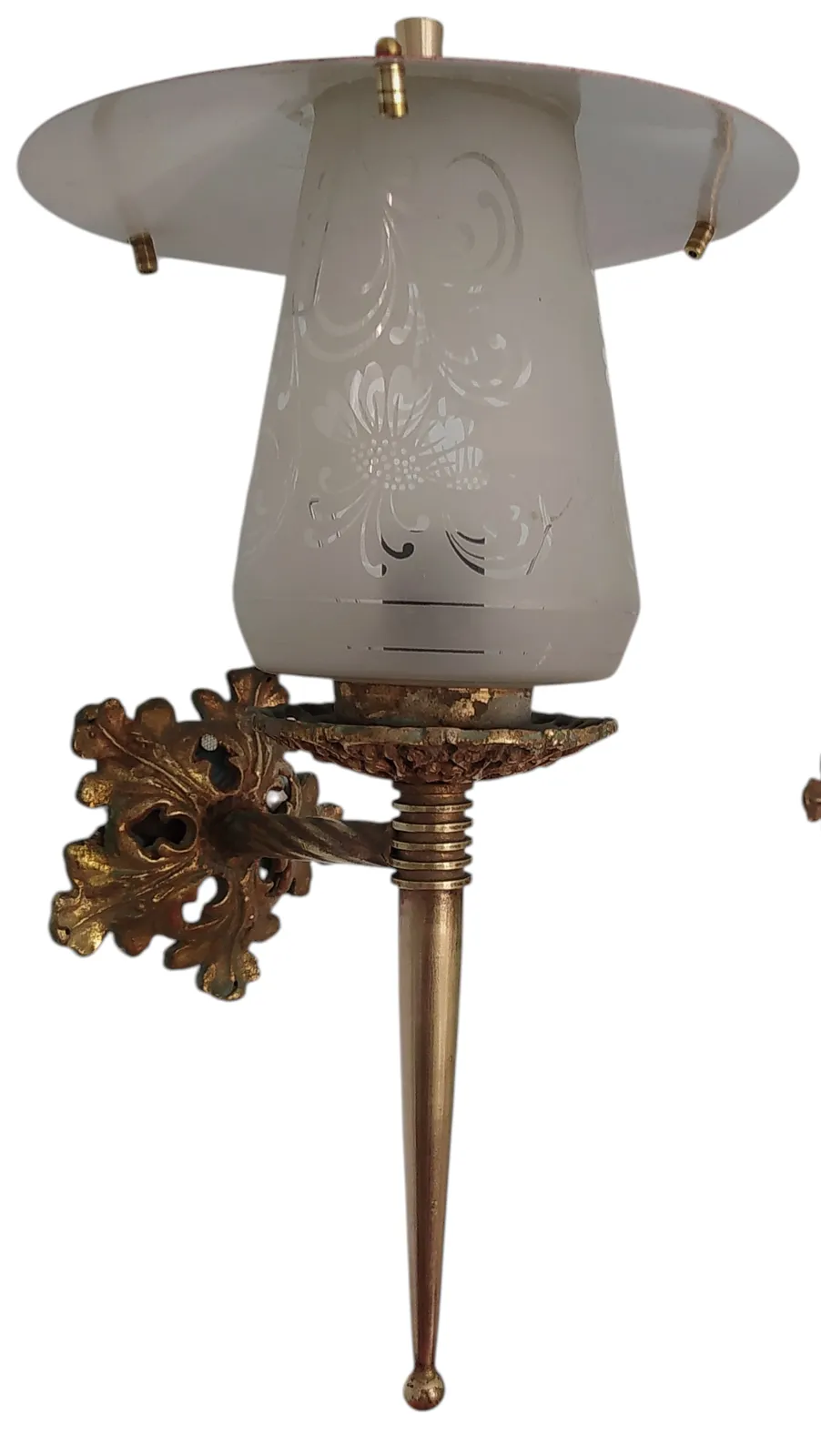 photo for sale 1930's Art Nouveau Brass And Etched Glass Wall Lights.
