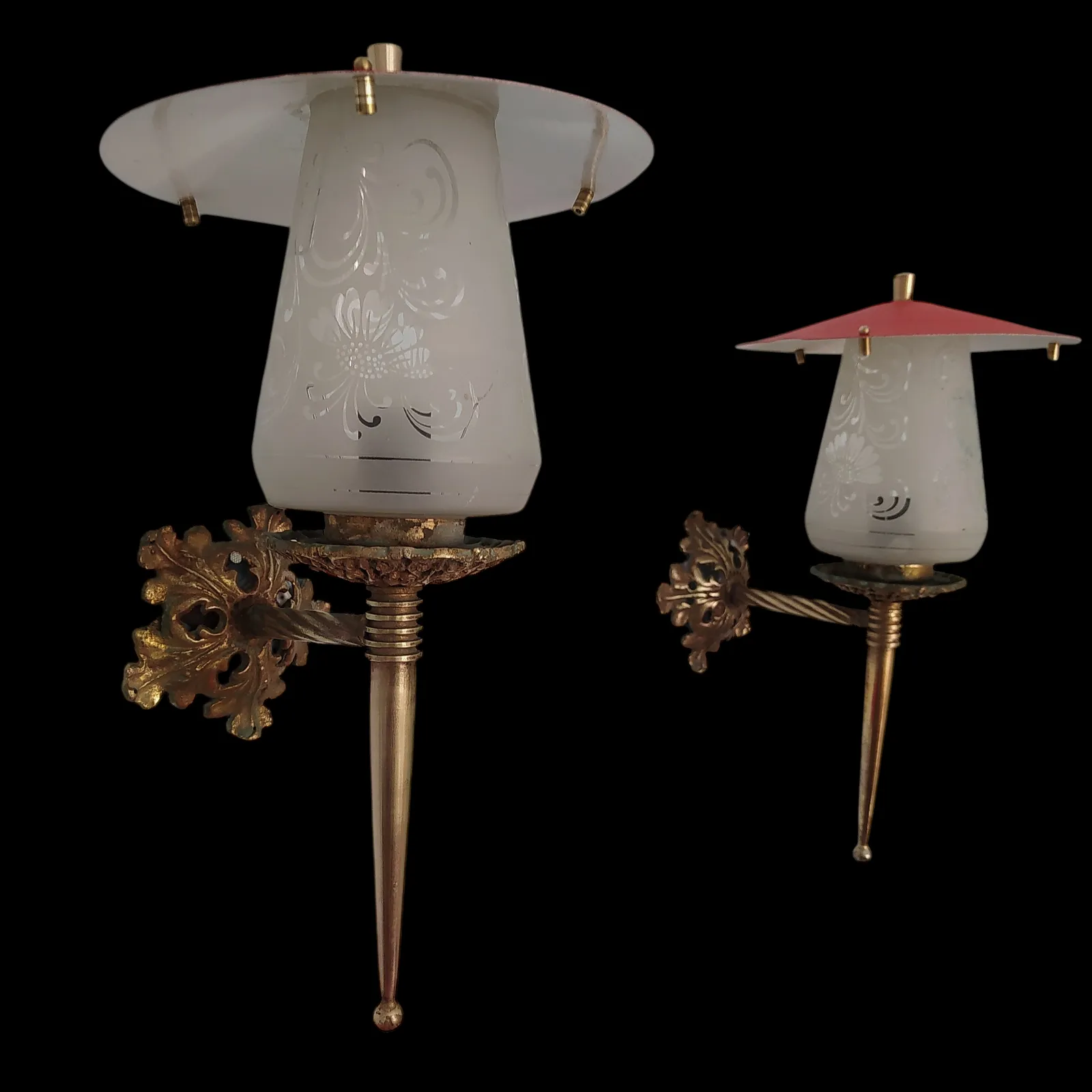 Lighting 1930's Art Nouveau Brass And Etched Glass Wall Lights. photo