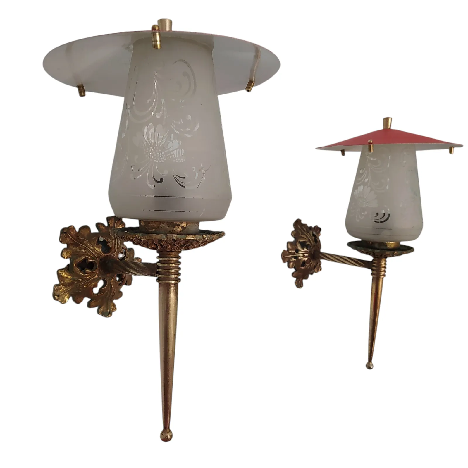 1930's Art Nouveau Brass And Etched Glass Wall Lights.
